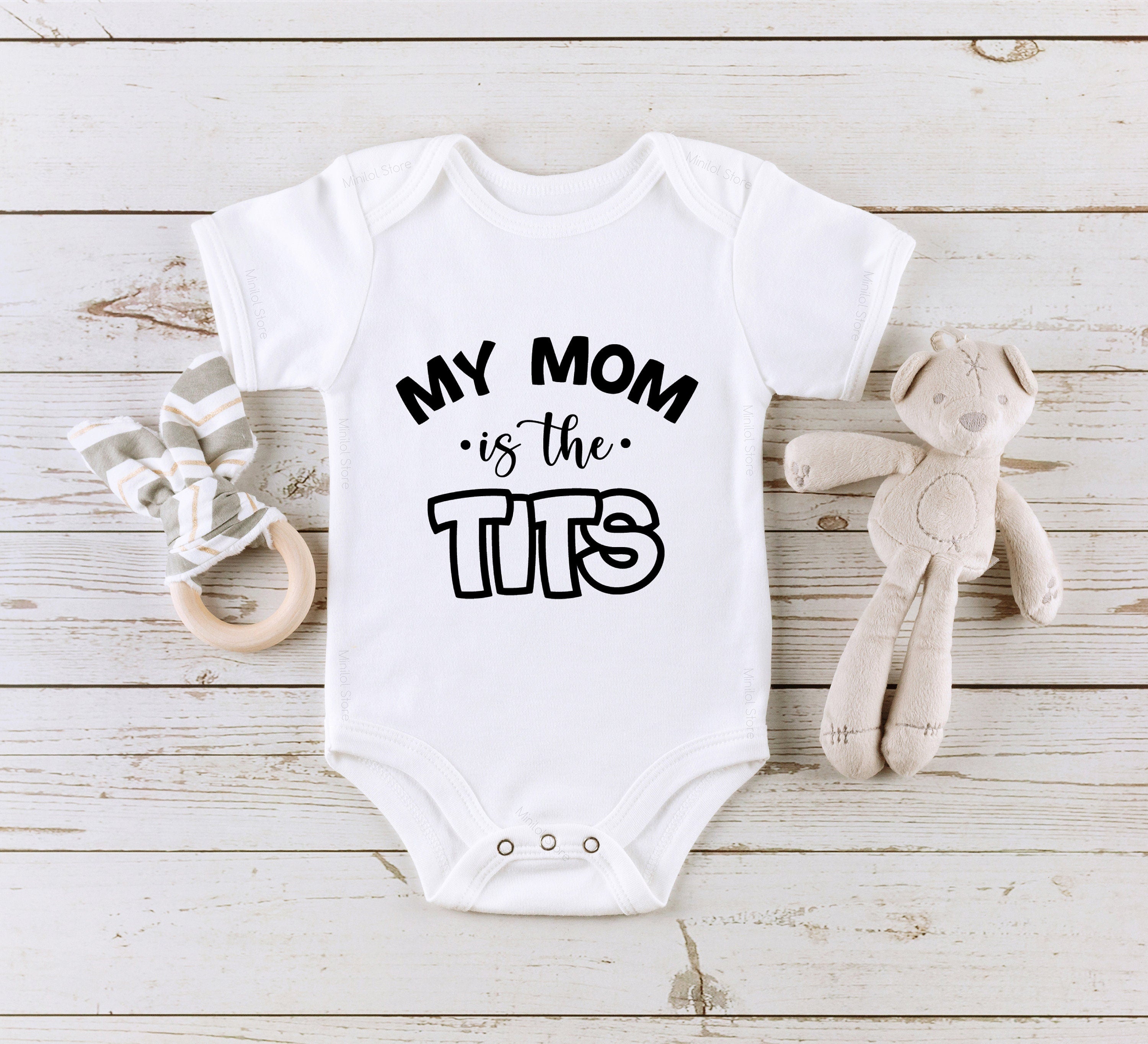 Funny Breastfeeding Baby Onesie® Mom Is The Tits Onesie® Cute Breastfed Hipster Baby Onesie®