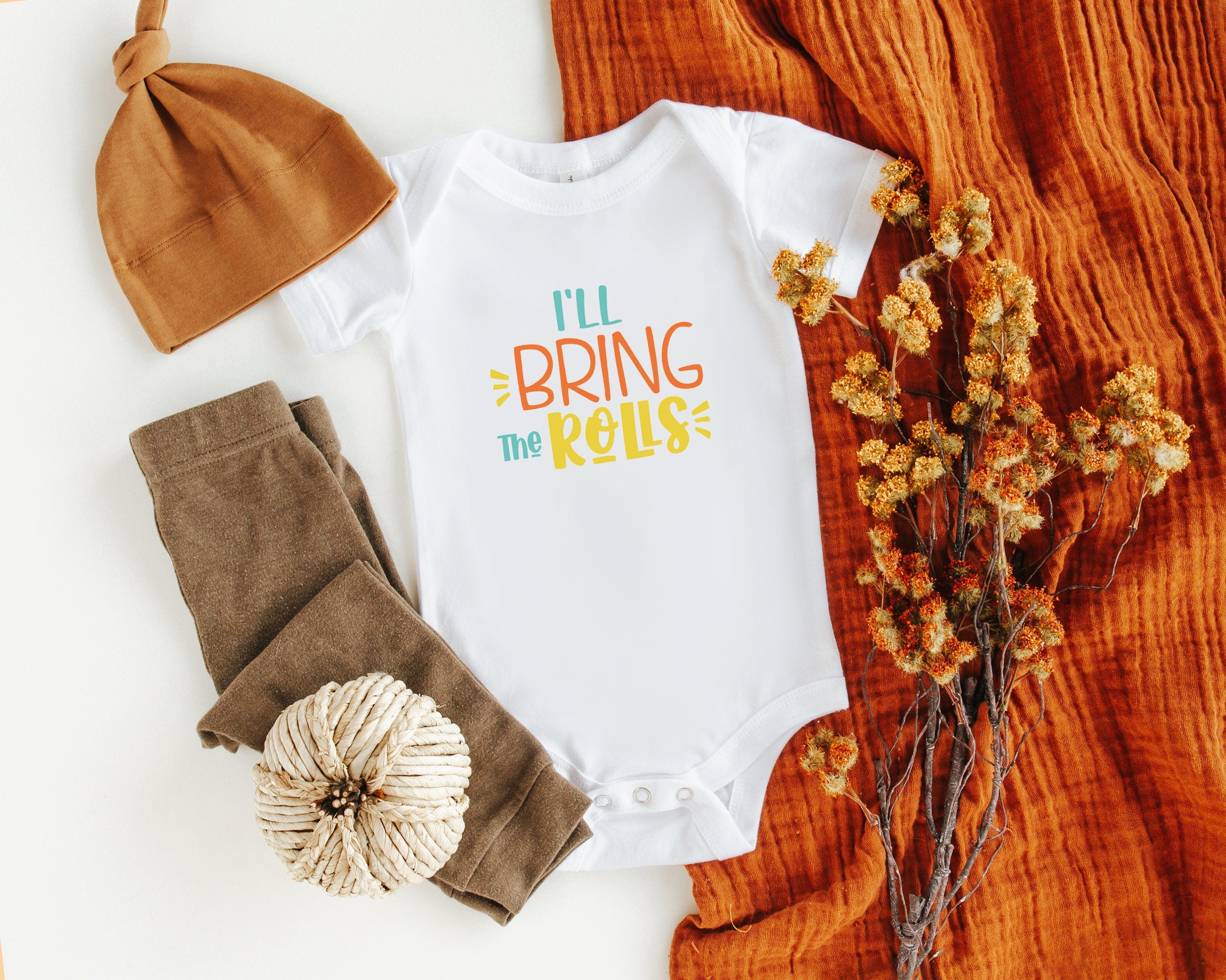 Close-up of the I'll Bring the Rolls Thanksgiving apparel design