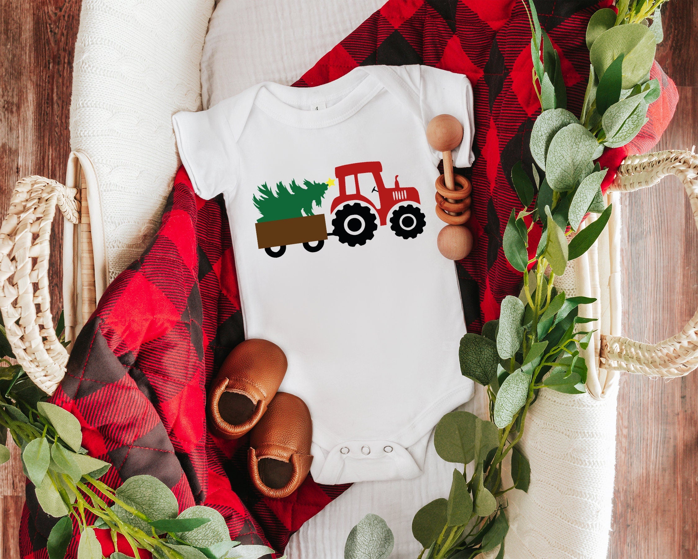 Christmas Tractor With Tree Onesie® Christmas Raglan, Christmas Shirts, Christmas Red Truck