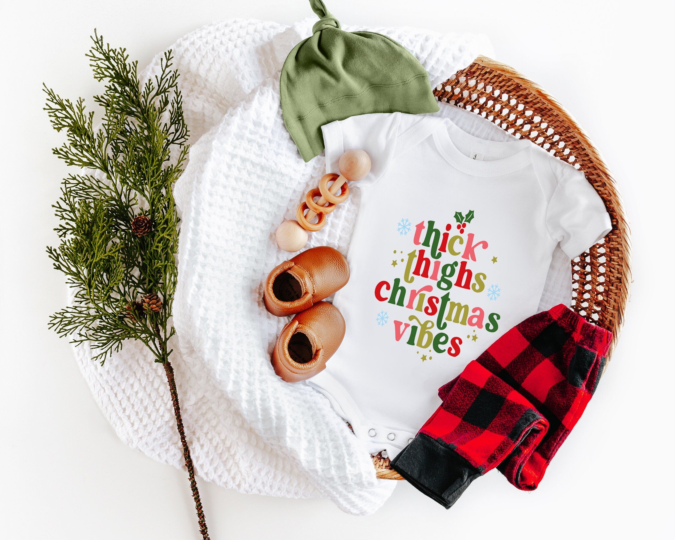 Thick Thighs & Christmas Vibes Baby Onesie® Santa Holiday Shirt, Christmas Mistletoe Baby Boy Girl Onesie® Kids Shirt