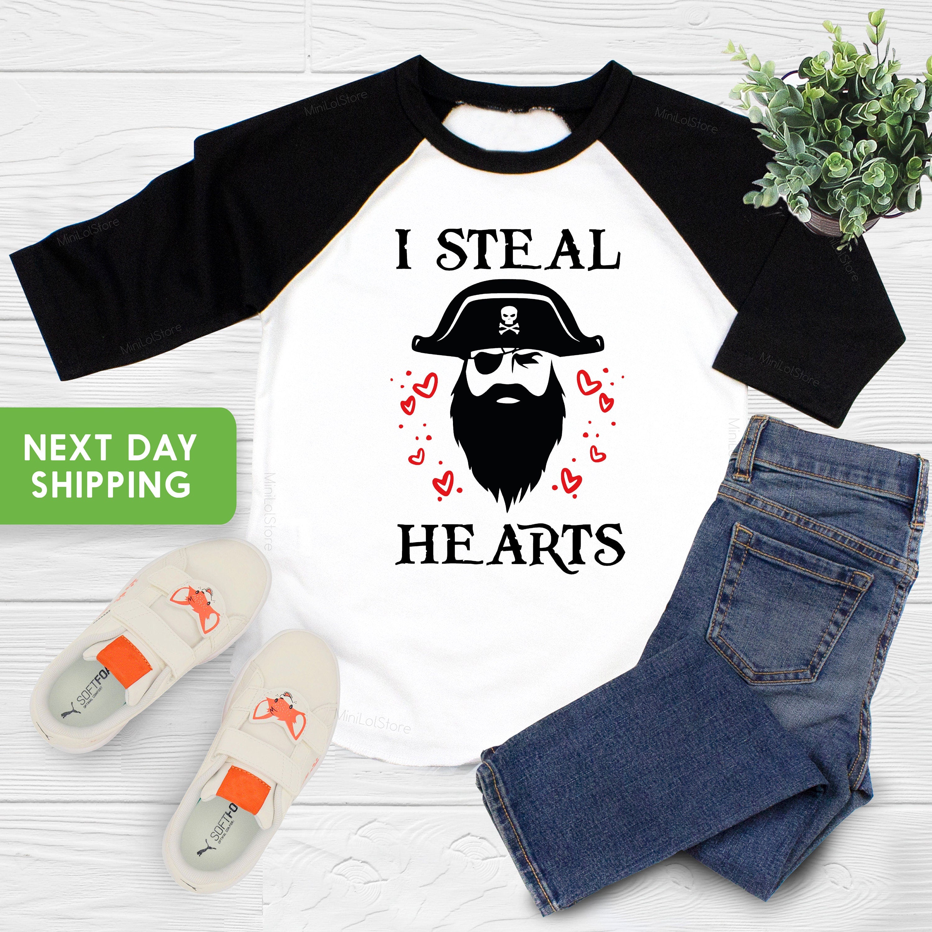 I Steal Hearts Toddler Baseball Tee, Cute Valentines Day Toddler Shirt, Valentines Pirate Toddler Shirt