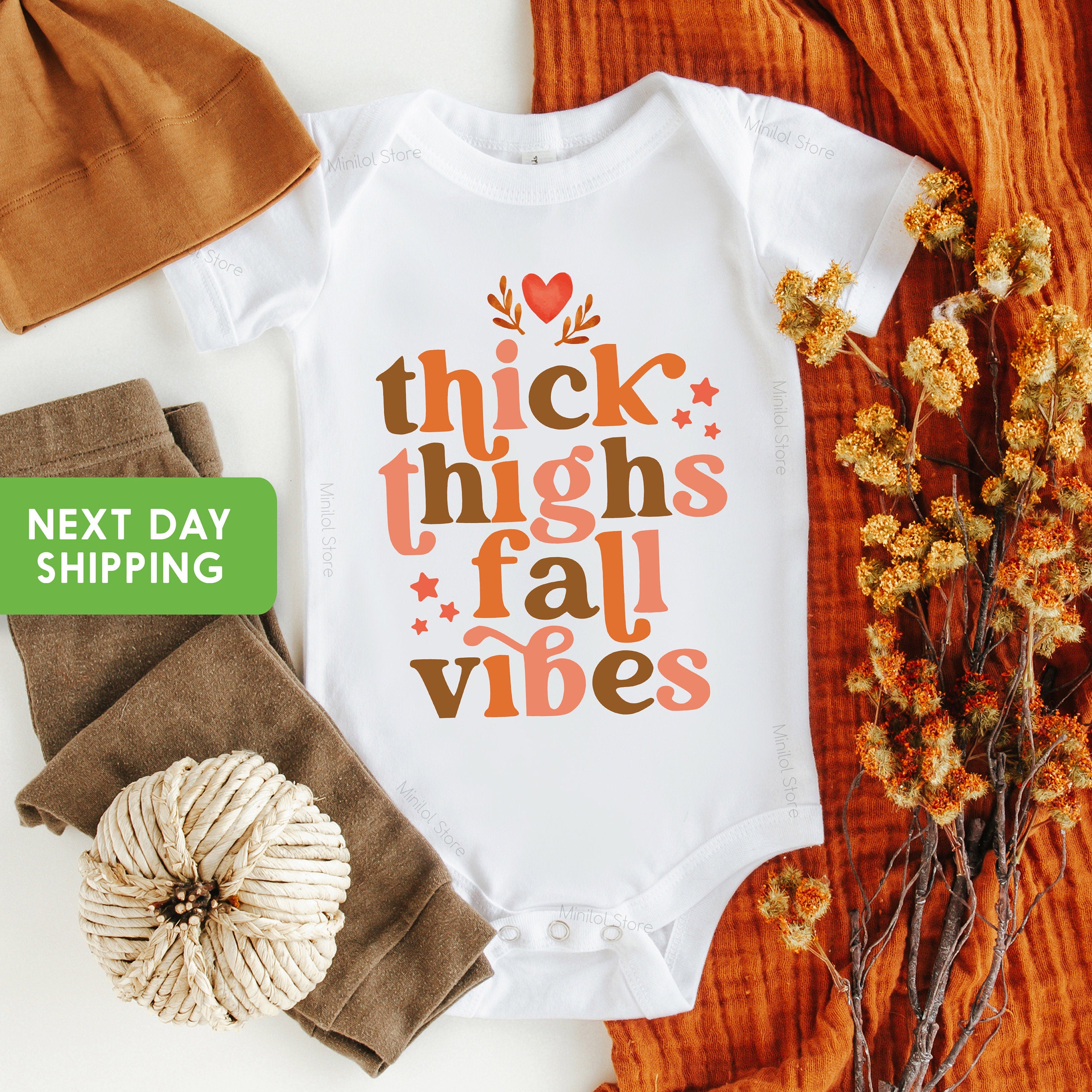 Thick Thighs & Fall Vibes Baby Girl Onesie®, Thanksgiving Onesie®, Autumn Baby Onesie®, Baby Onesie®,  Fall Graphic Onesie®