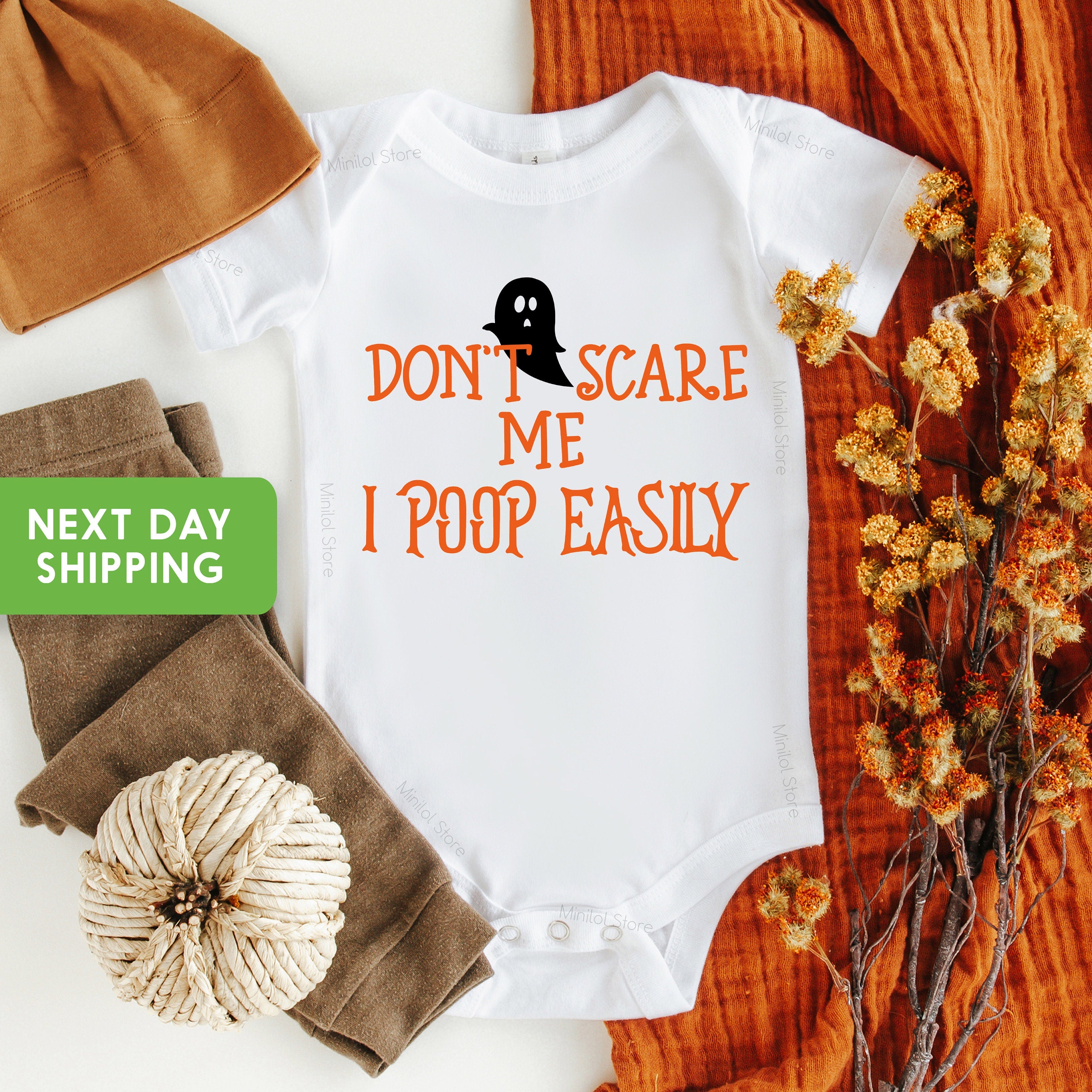 Don't Scare Me I Poop Easily Funny Baby Halloween Onesie® Baby Onesie® Funny Kids Holloween Shirt.