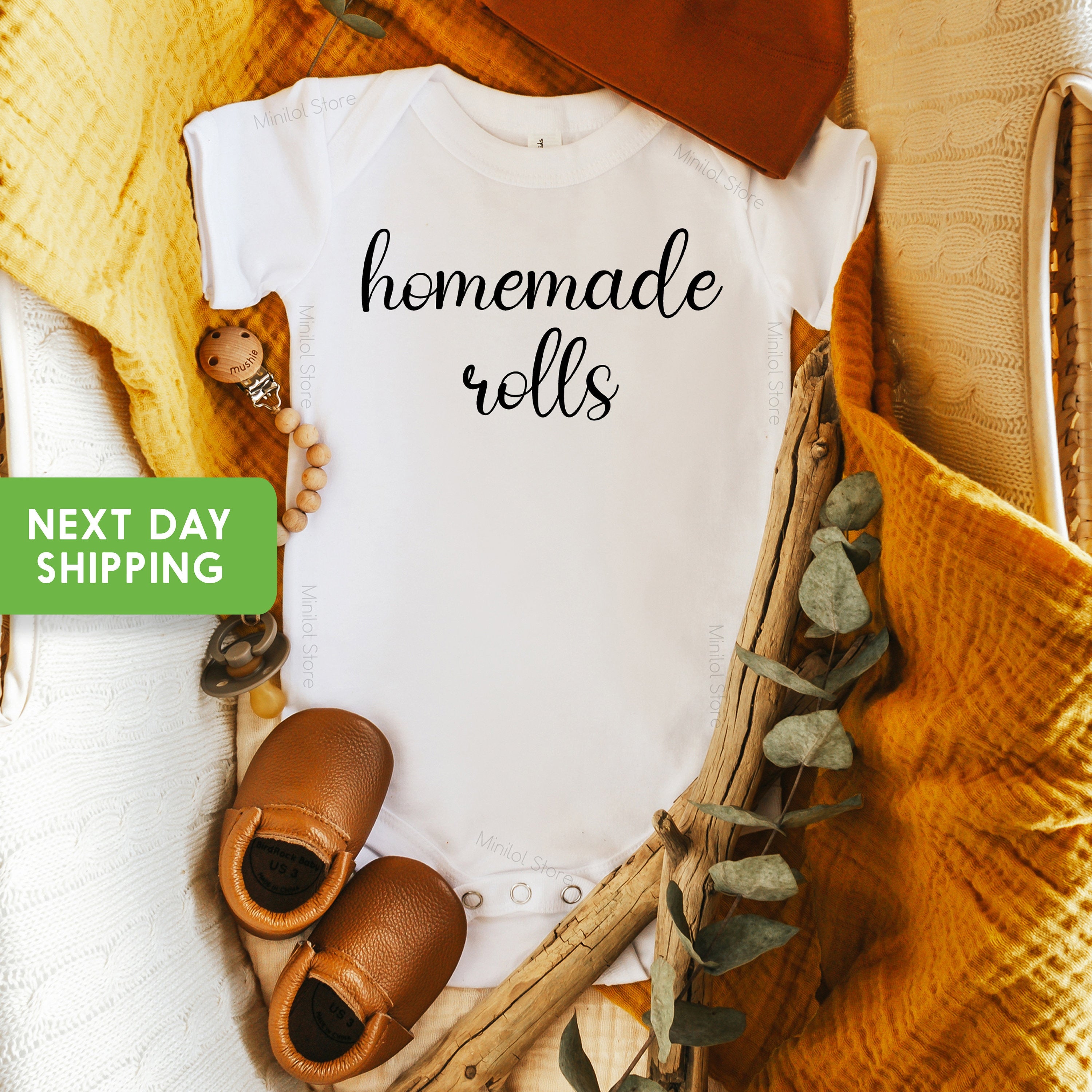 Main product mockup of Homemade Rolls Thanksgiving Baby Onesie® – Style 2