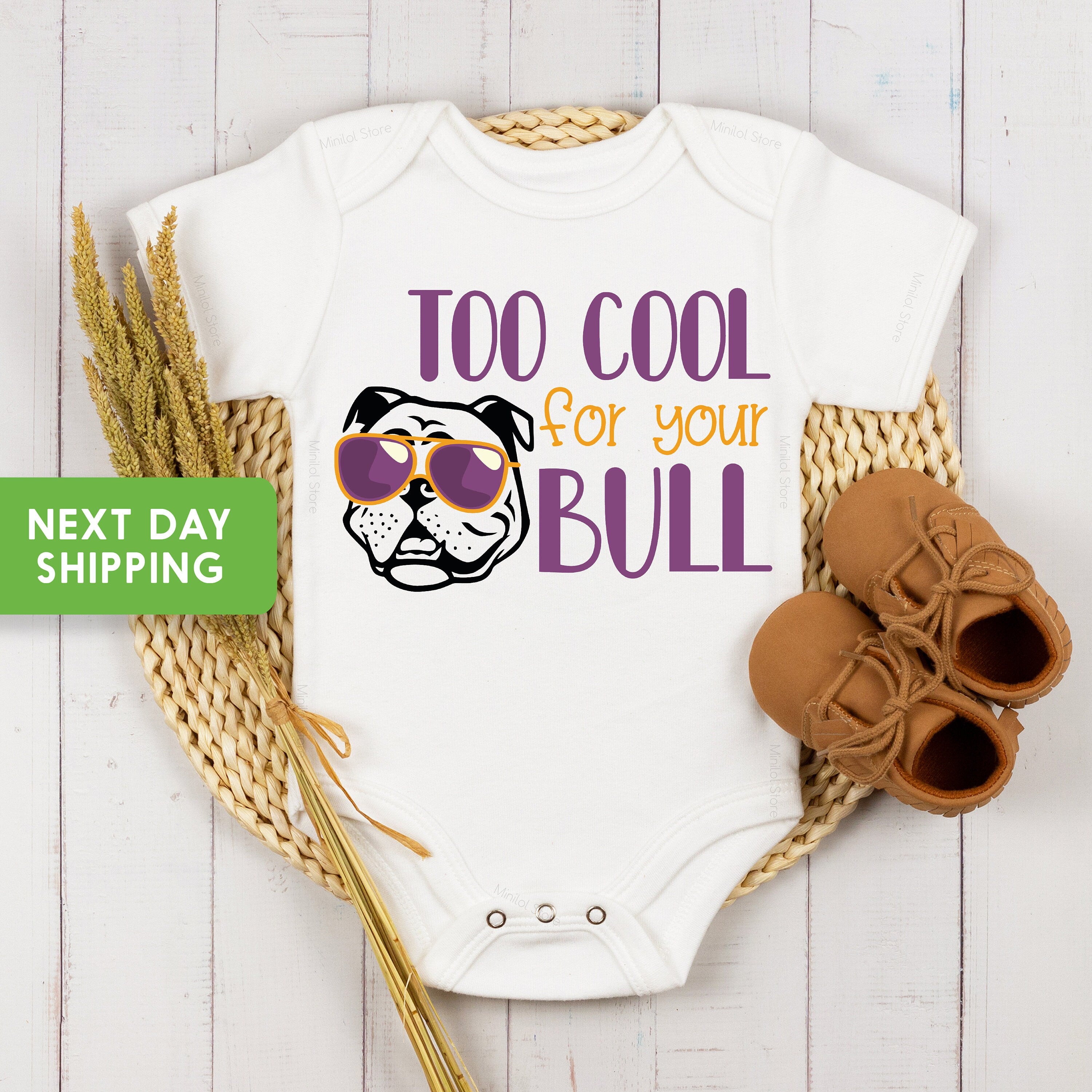 Bulldog Baby Onesie®, Cute Dog , Bulldog Bodysuit, Too Cool For Your Bull Baby Onesie®, Bulldog Baby Gift