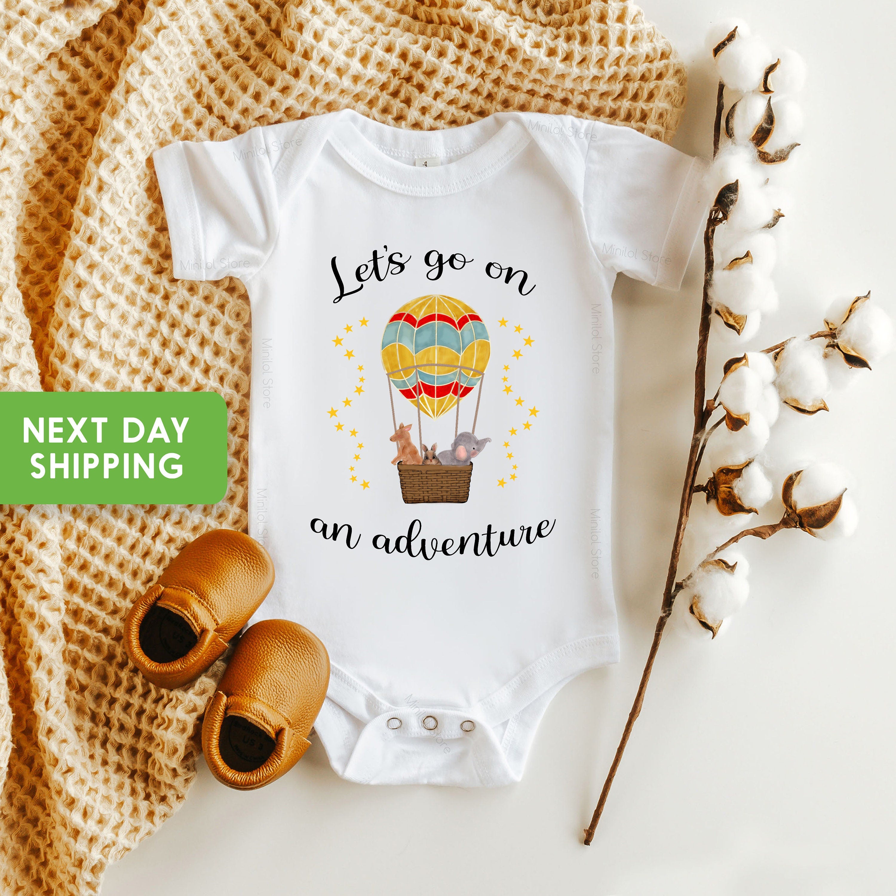 Let's Go On An Adventure Onesie®, Hot Air Balloon Bodysuit, Zoo Baby Shower Gift, Boho Baby Onesie®