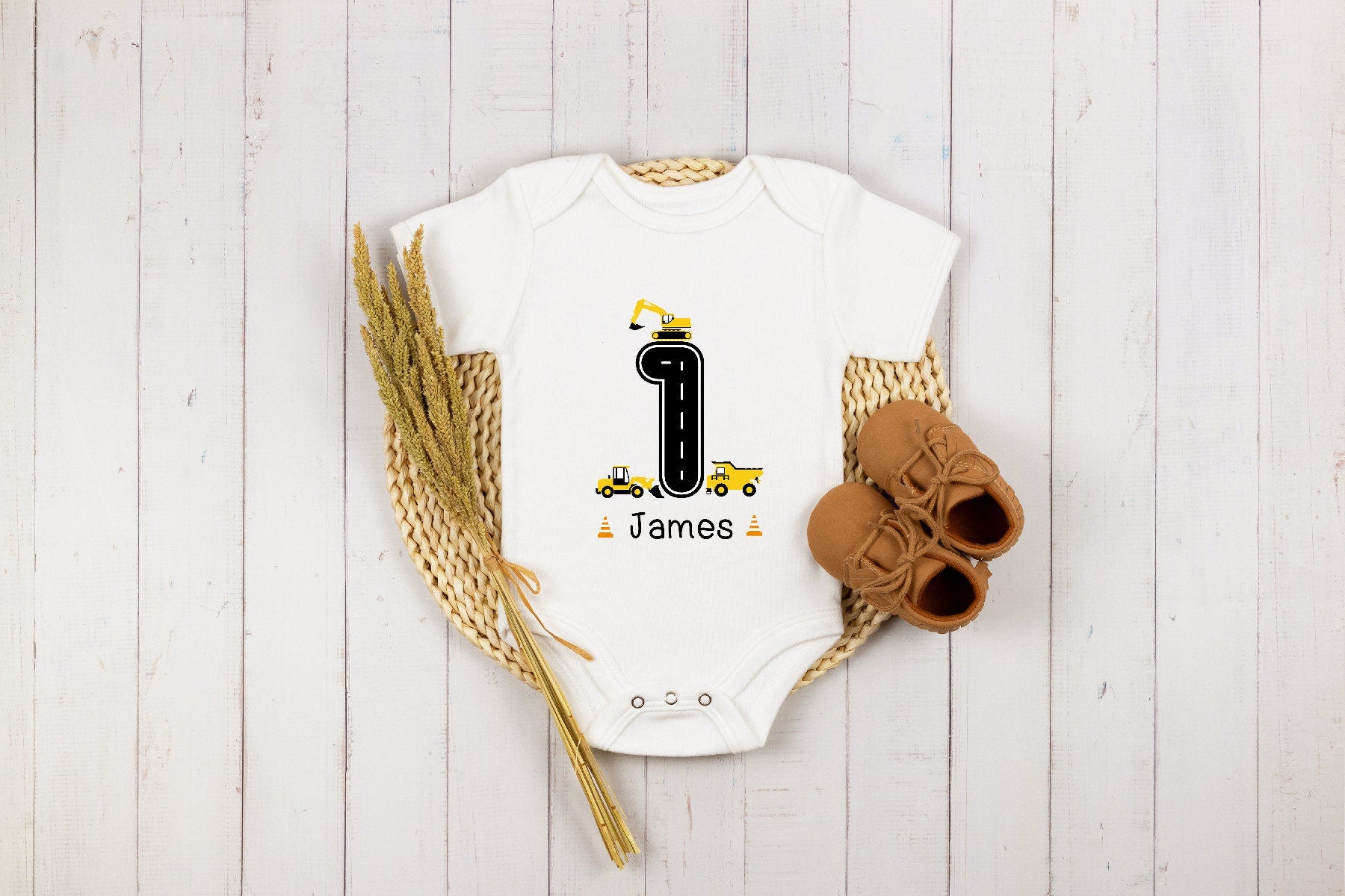 Personalized Construction 1st Birthday Baby Onesie®, Construction Trucks First Birthday Onesie®, Personalized 1 Year Old Birthday Outfit