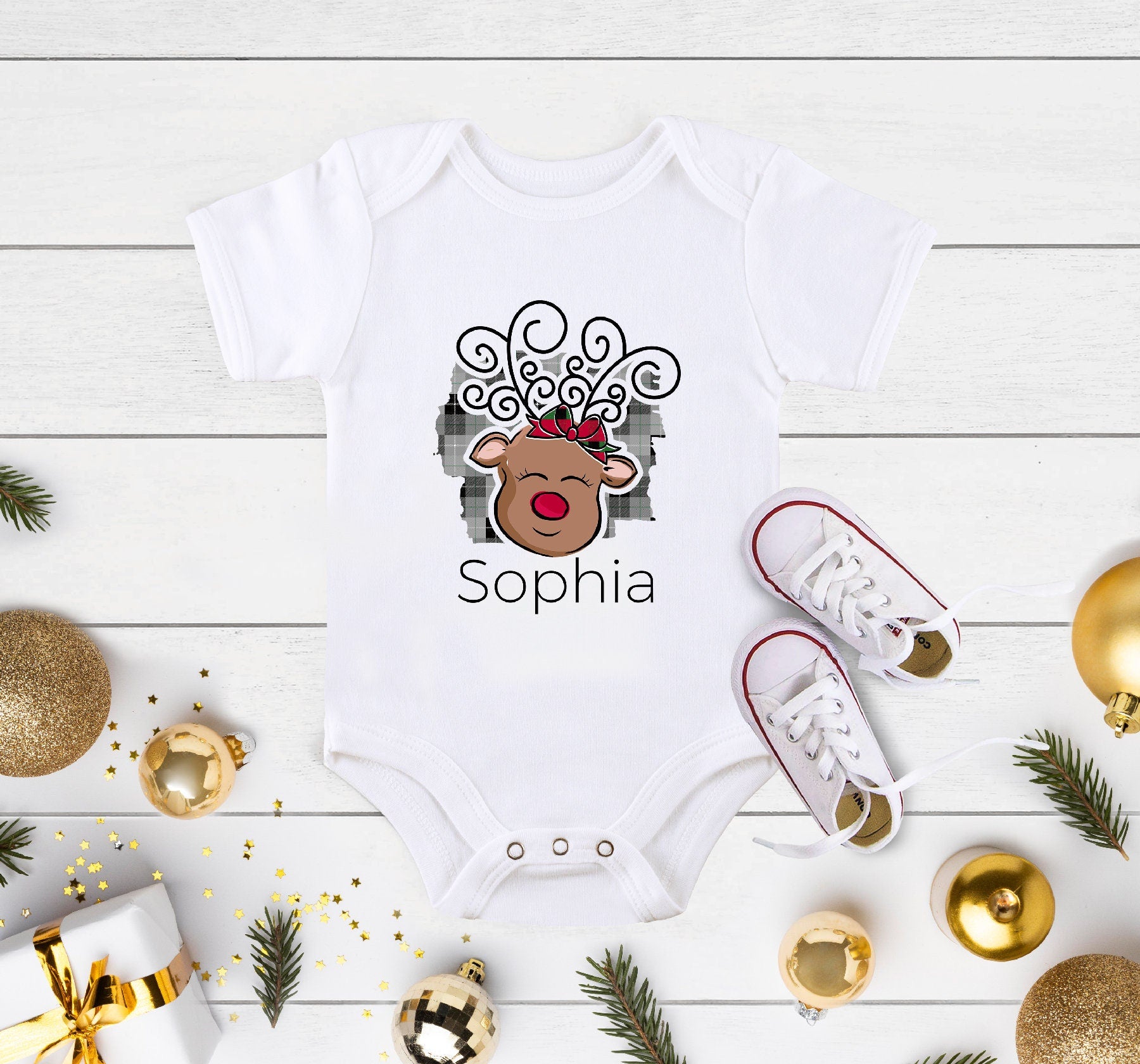 Personalized Christmas Name Onesie® Deer Christmas Girl Shirt, Baby Christmas Onesie® Toddler Christmas Raglan, Sibling Christmas Shirt