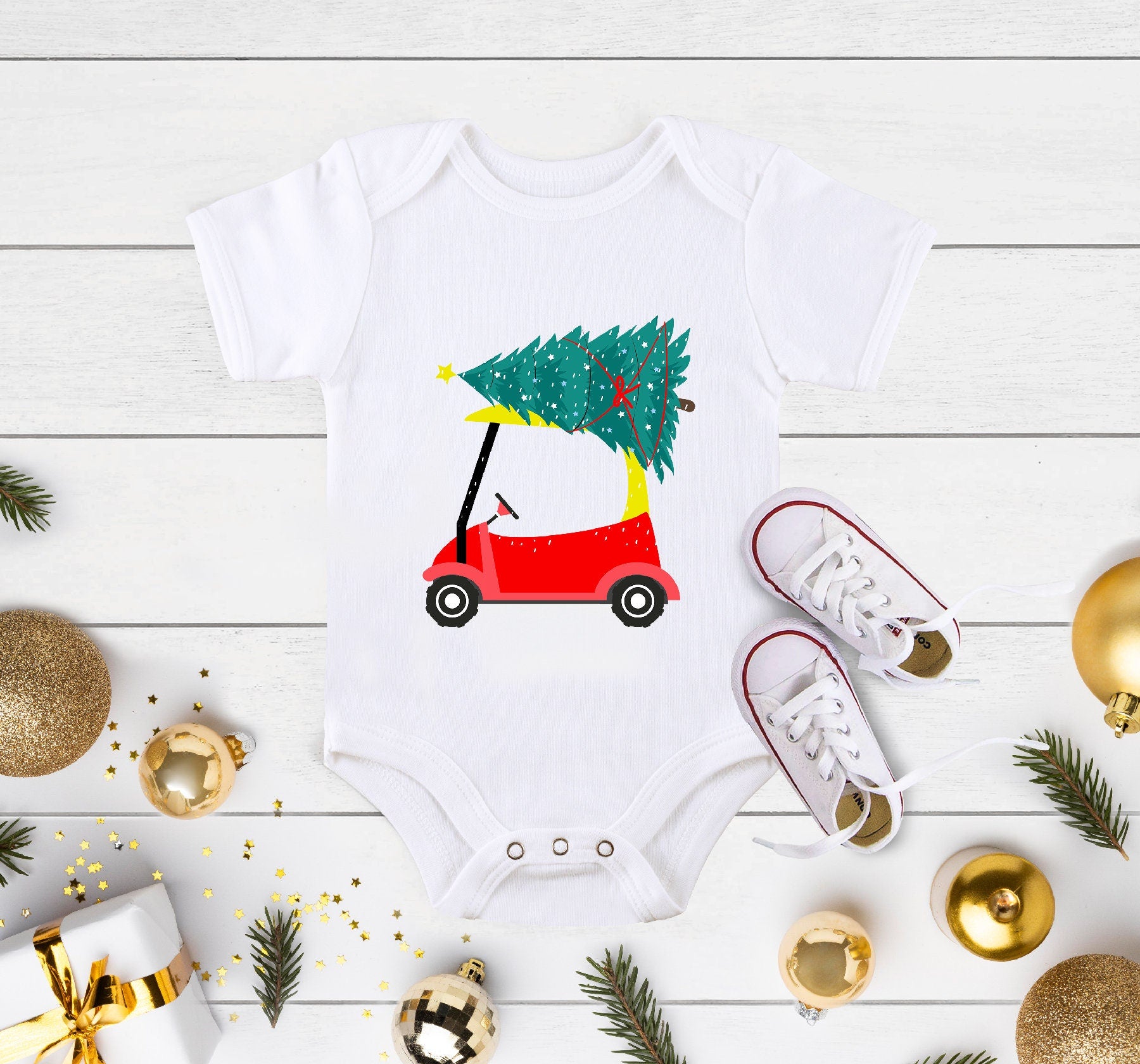 Red Car Christmas Onesie®, Christmas Baby Gift, Holiday Baby Onesie® Cute Christmas Baby Bodysuit, Christmas Tree Onesie® Red Car Kids Shirt