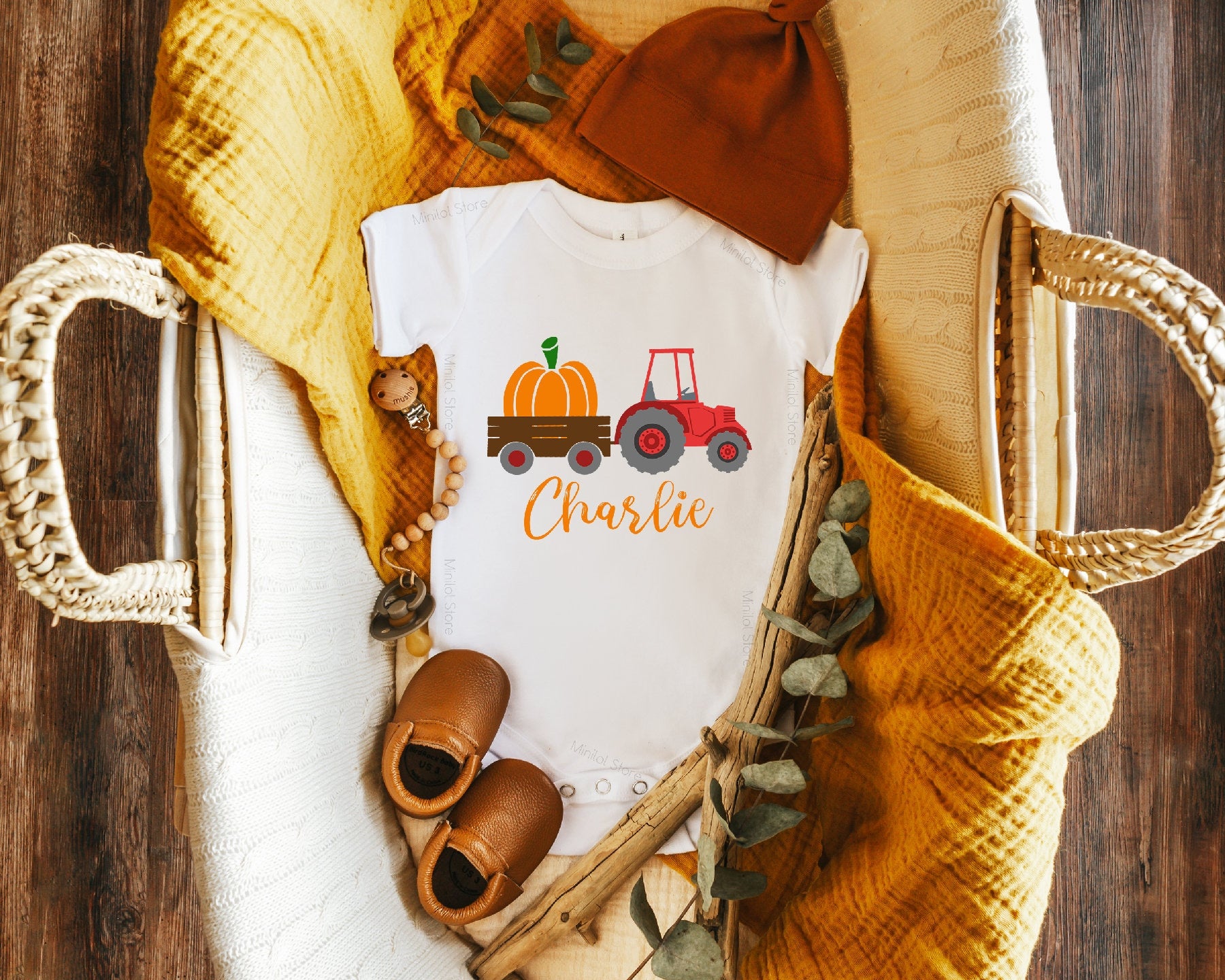 Personalized Farm Onesie®for Boys, Personalized Name Fall Bodysuit, Custom Halloween Tractor Onesie®