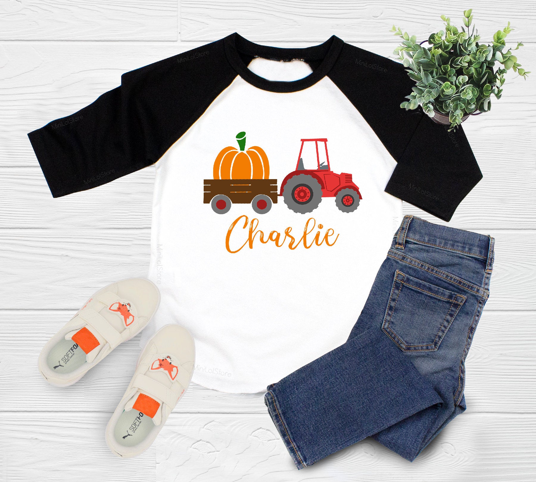 Personalized Farm Shirt for Boys, Personalized Name Fall Baseball Tee, Custom Halloween Tractor Raglan