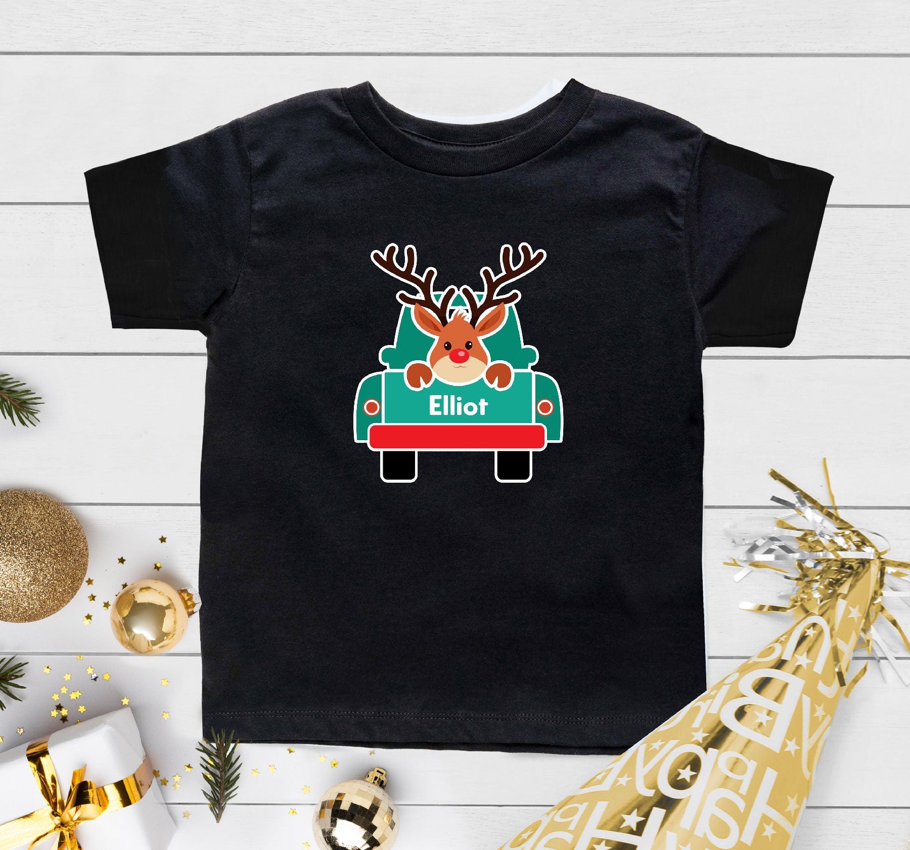 Personalized Deer Christmas Kids Shirt, Toddler Boy Reindeer Shirt, Custom Name Christmas Kids Shirt, Holiday T-shirt Young Boys