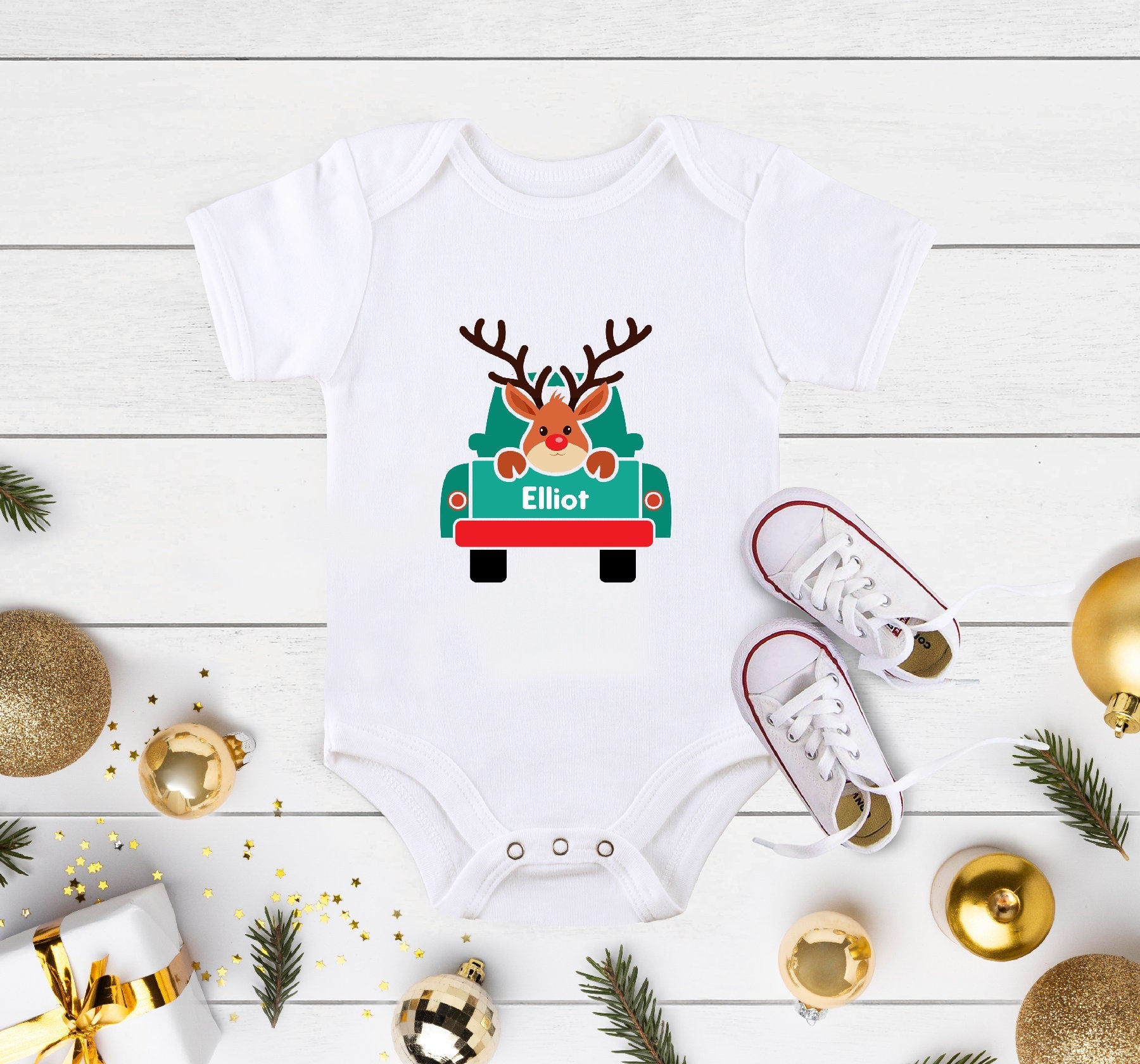 Custom Name Christmas Onesie®, Toddler Boy Reindeer Shirt, Personalized Deer Baby Boy Christmas Onesie®, Holiday T-shirt Young Boys