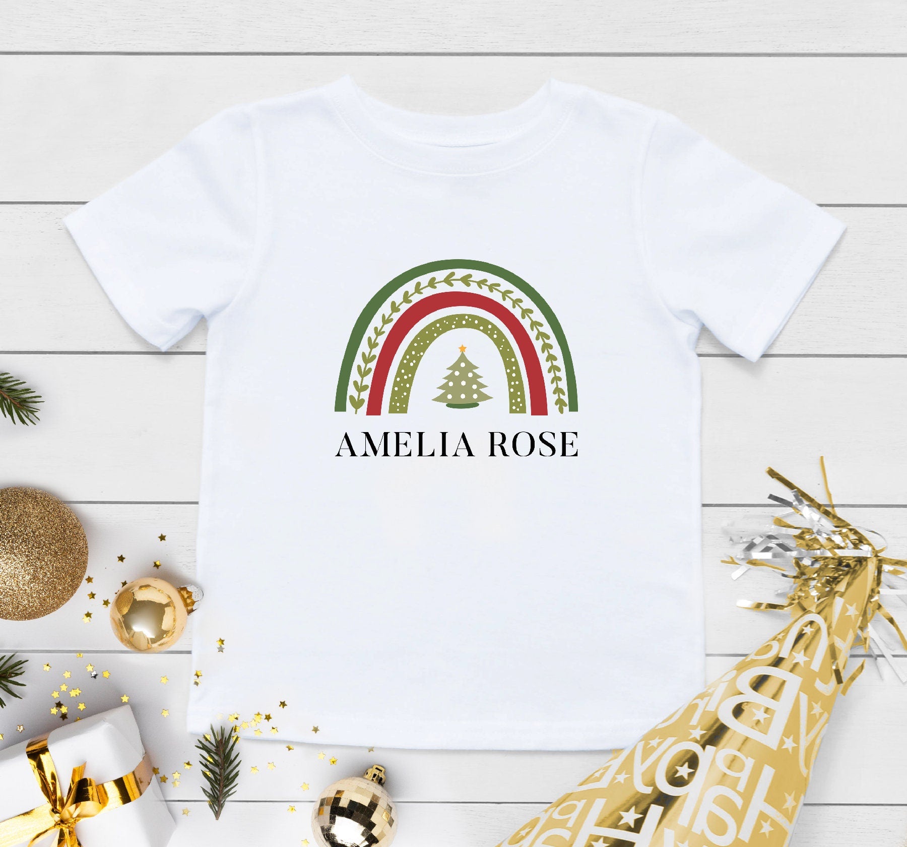 Personalized Name Christmas Toddler Shirt, Custom Name Christmas Rainbow Shirt, Custom Name Christmas Tree Shirt, Christmas Rainbow Shirt