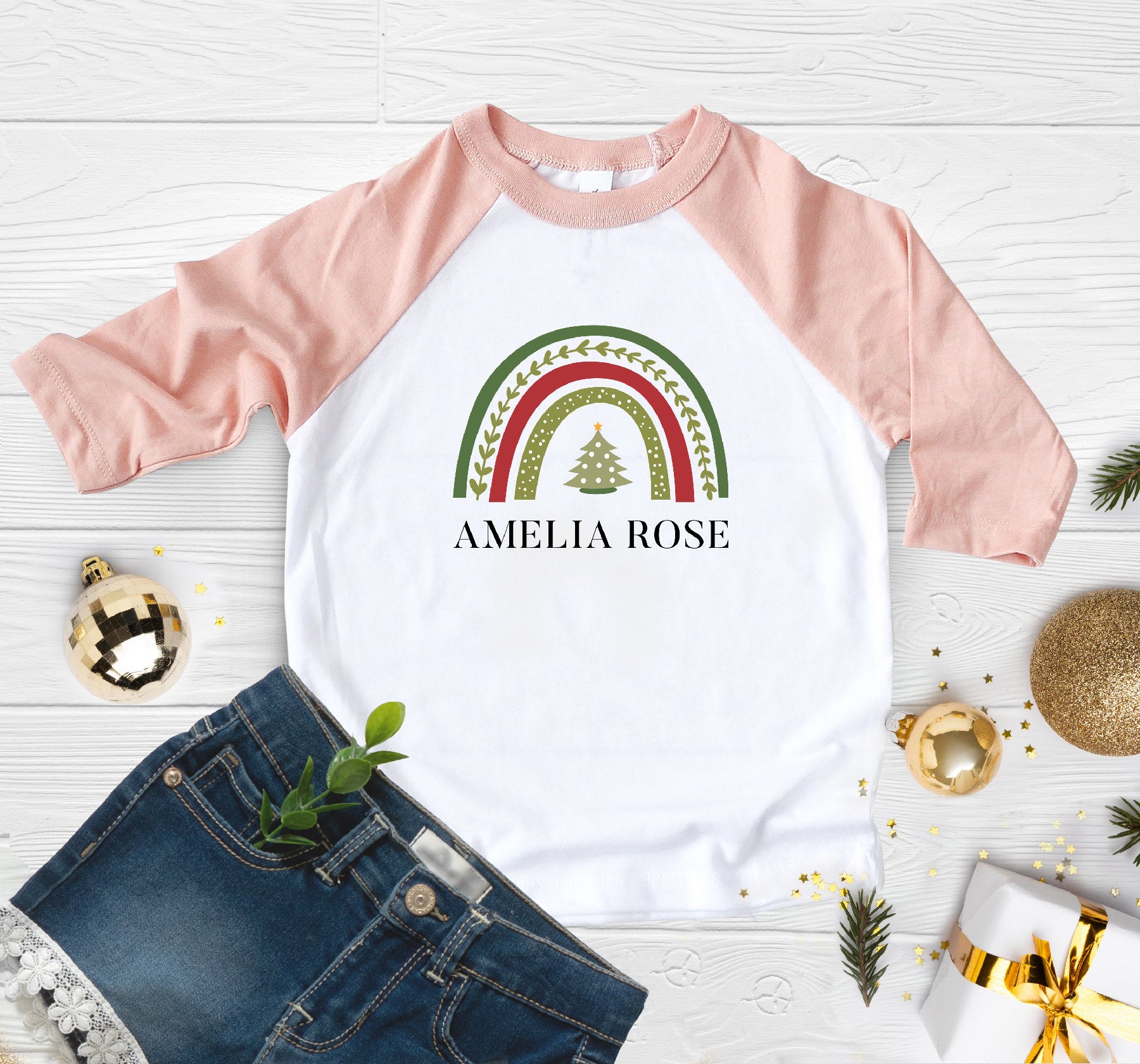 Custom Name Christmas Rainbow Shirt, Personalized Name Christmas Toddler Shirt, Custom Name Christmas Tree Shirt, Christmas Rainbow Shirt