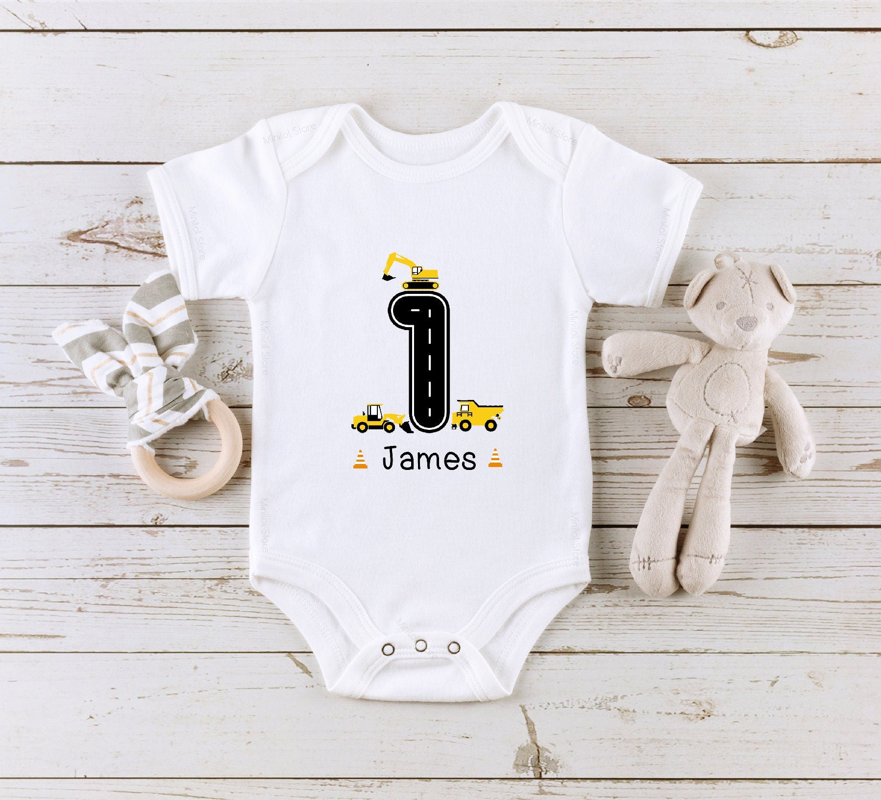 Construction Trucks First Birthday Onesie®, Personalized Construction 1st Birthday Baby Onesie®, Personalized 1 Year Old Birthday Outfit