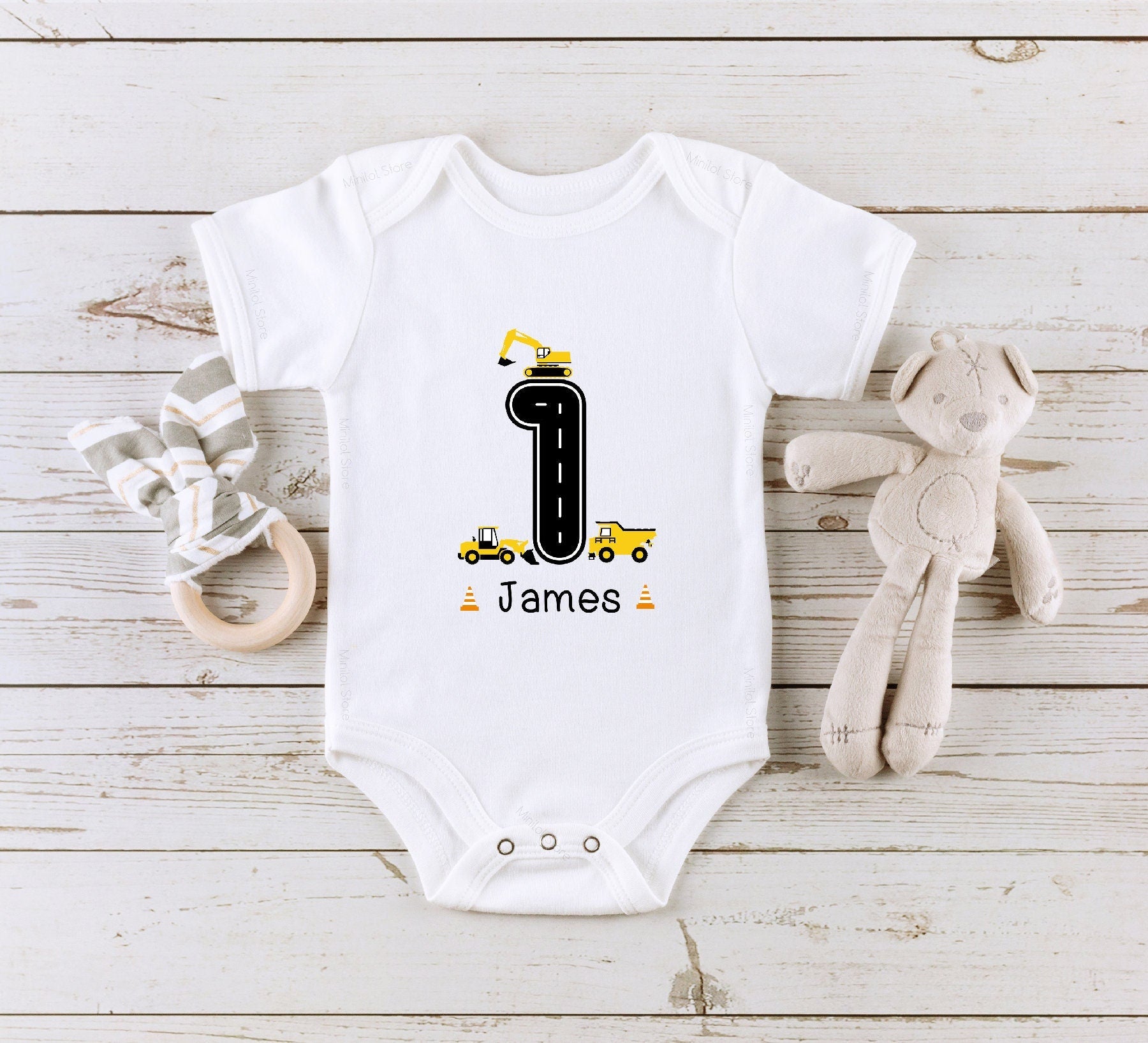 Personalized Construction 1st Birthday Baby Onesie®, Construction Trucks First Birthday Onesie®, Personalized 1 Year Old Birthday Outfit