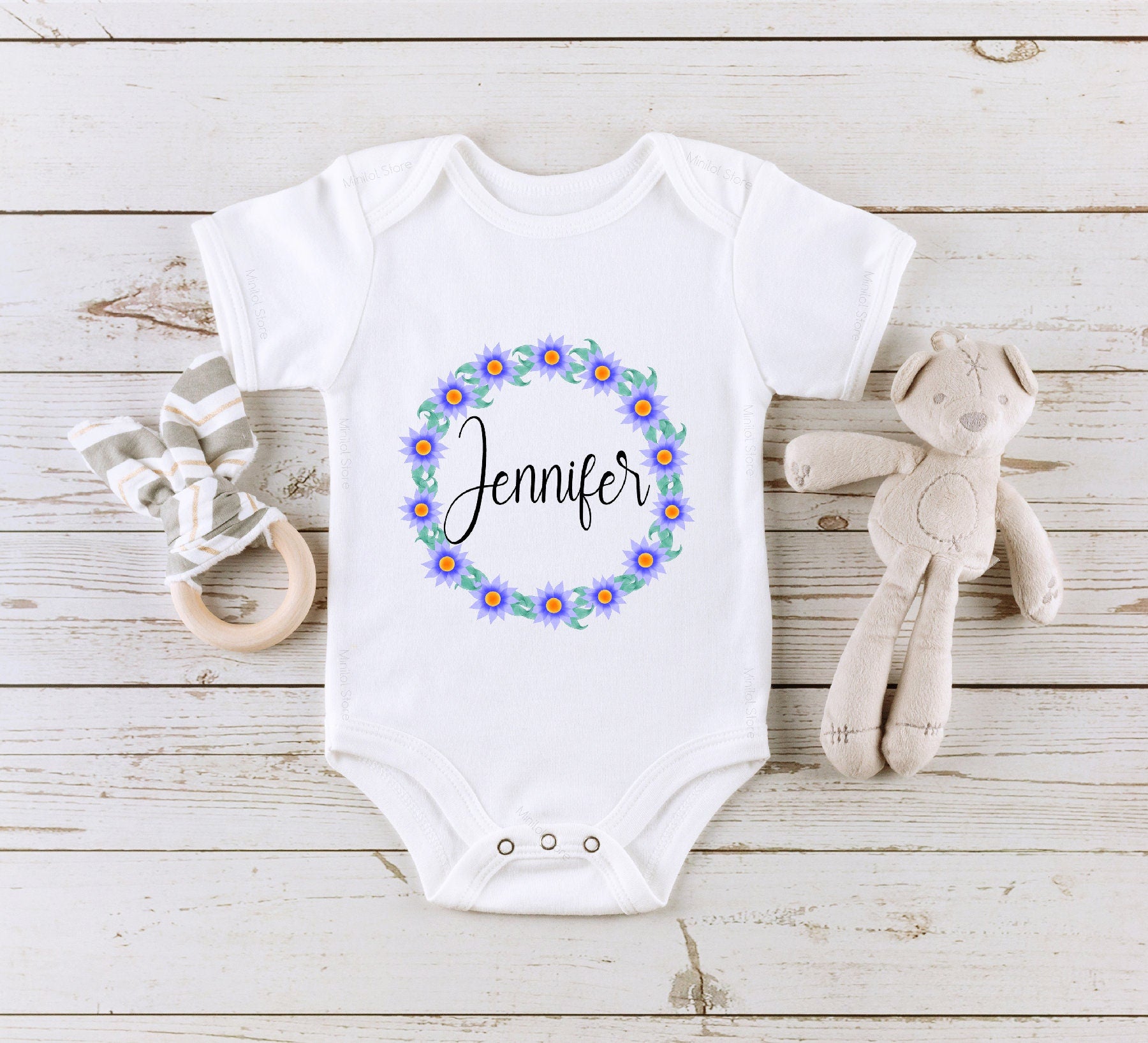 Personalized Name Floral Wreath Shirt, Custom Girls Shirt, Girls Name Bodysuit, Baby Name Bodysuit,