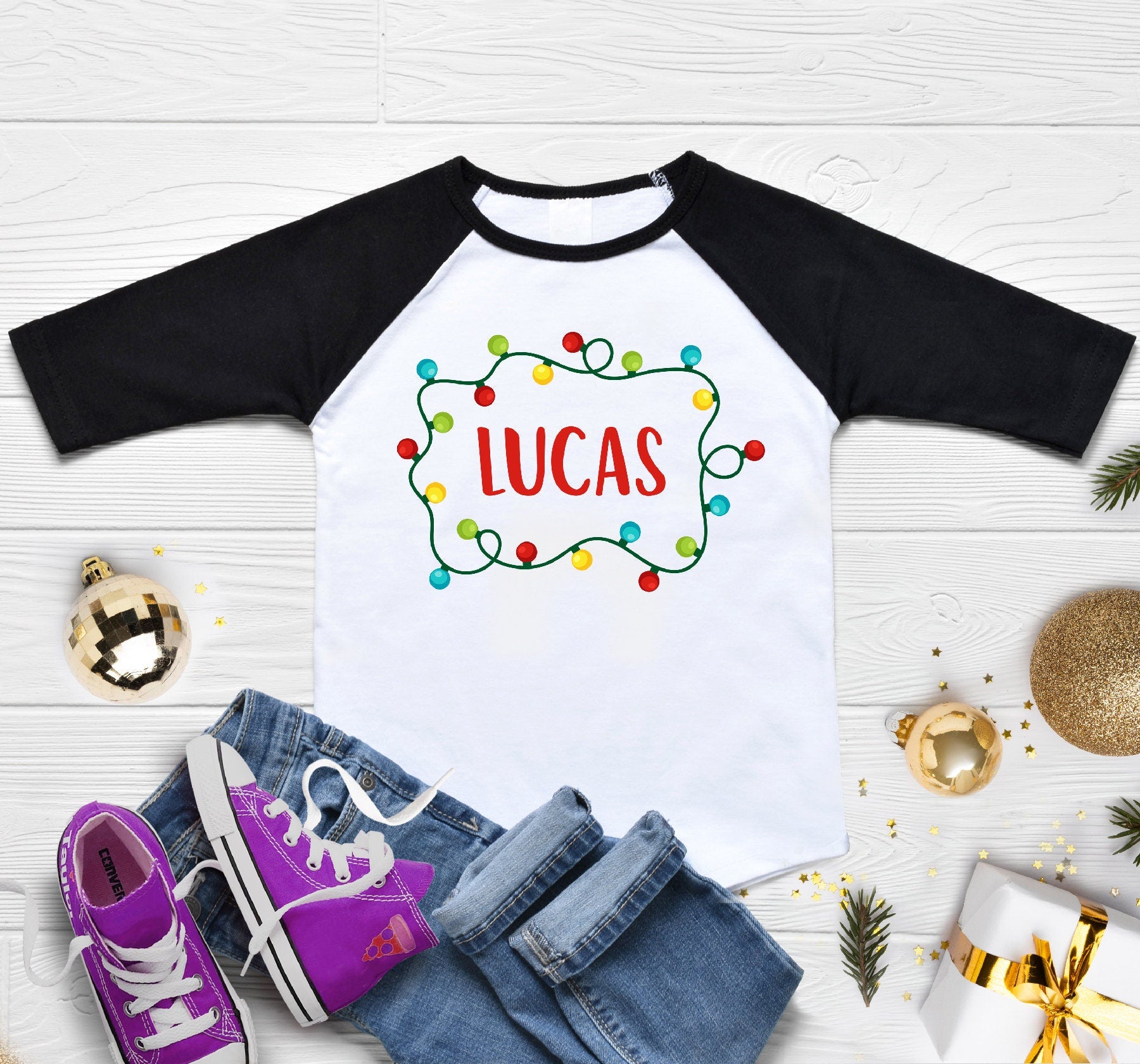 Christmas Shirts, Christmas Lights Boys Toddler Shirt, Personalized Name Christmas Kids Shirt, Personalized Christmas For Baby Onesie®