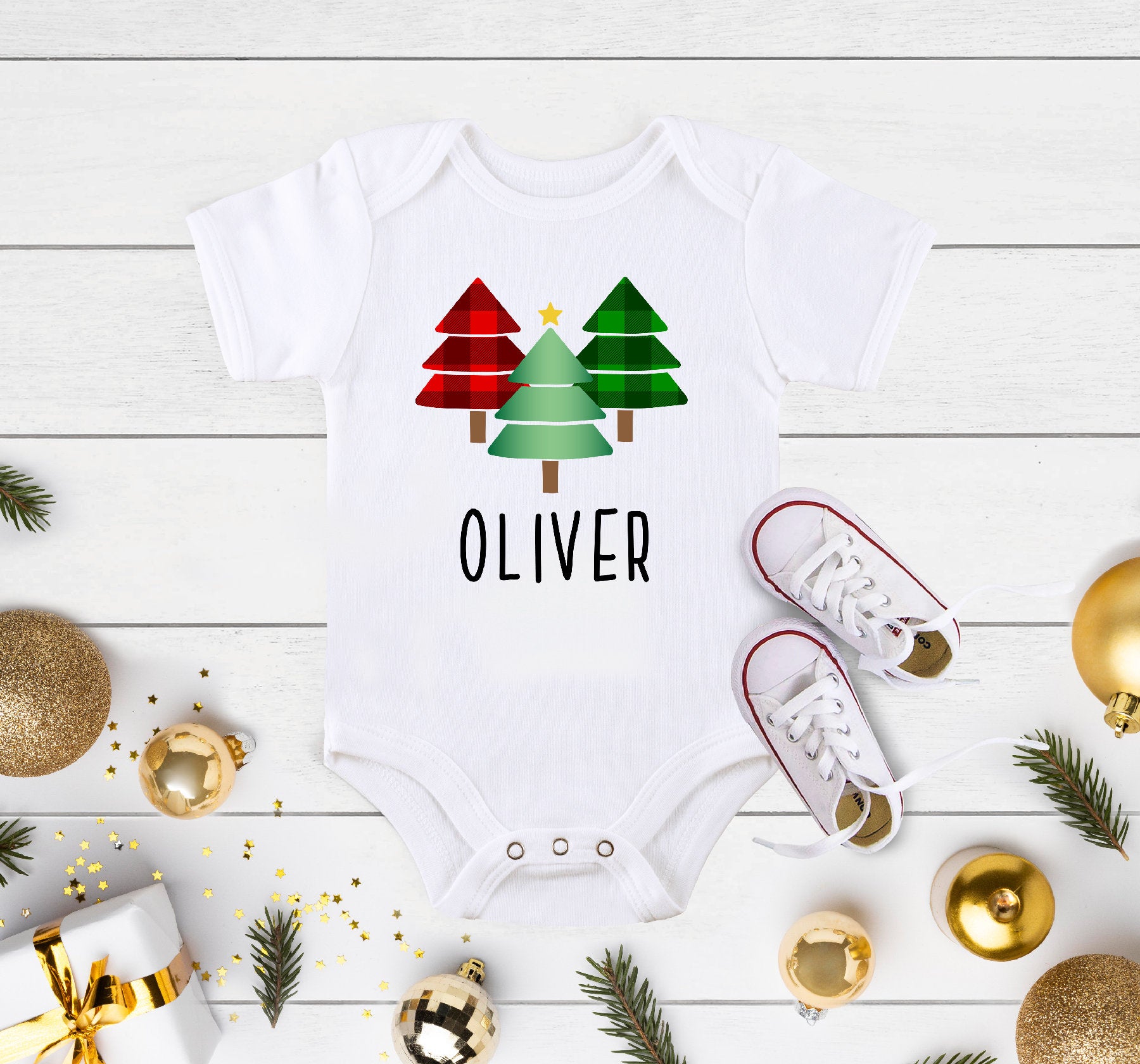 Personalized Christmas Tree Baby Onesie®, Buffalo Plaid Christmas Shirt, Custom Christmas Shirt, Christmas Tree Shirt, Sibling Christmas Tee