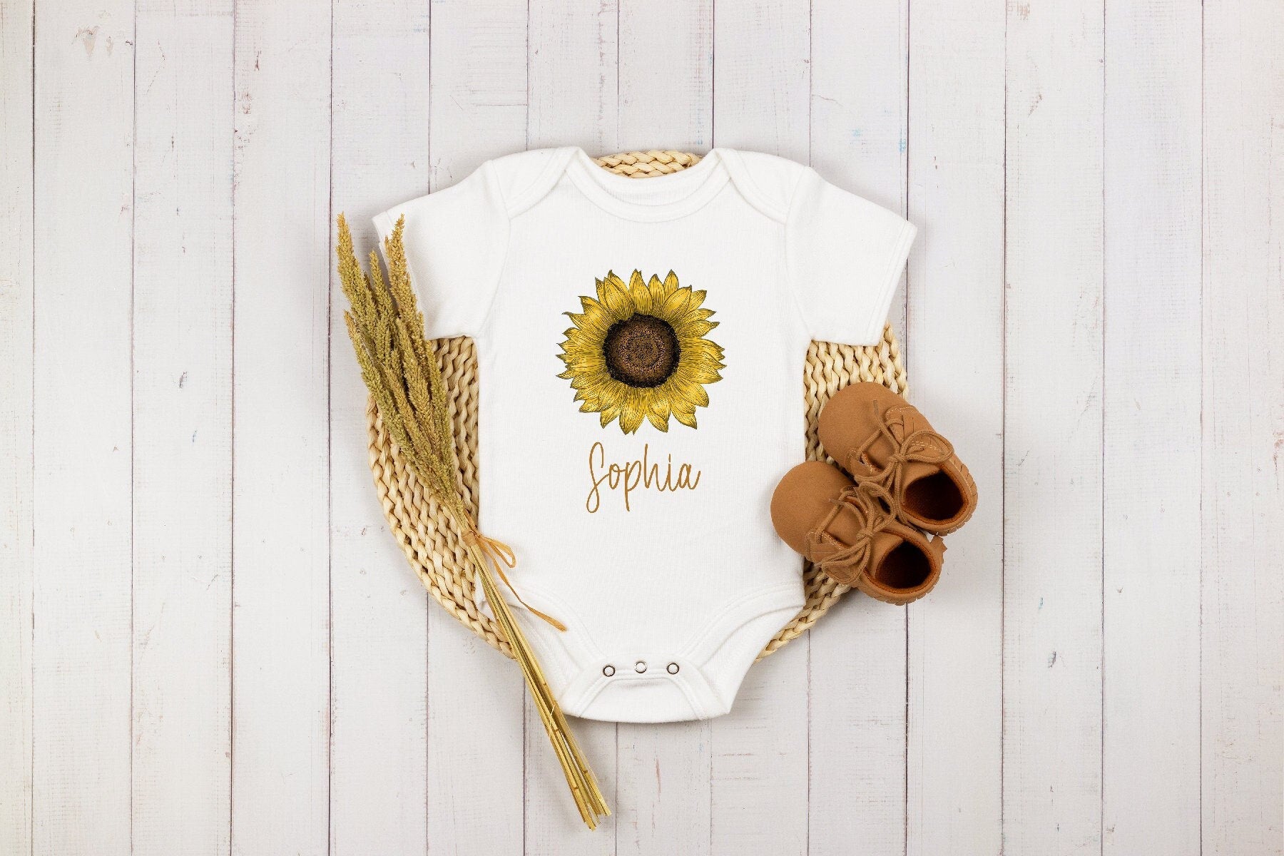 Personalized Name Sunflower Toddler Shirt, Personalized Name Sunflower Baby Onesie®, First Birthday Baby Bodysuit, Baby Girl Gift