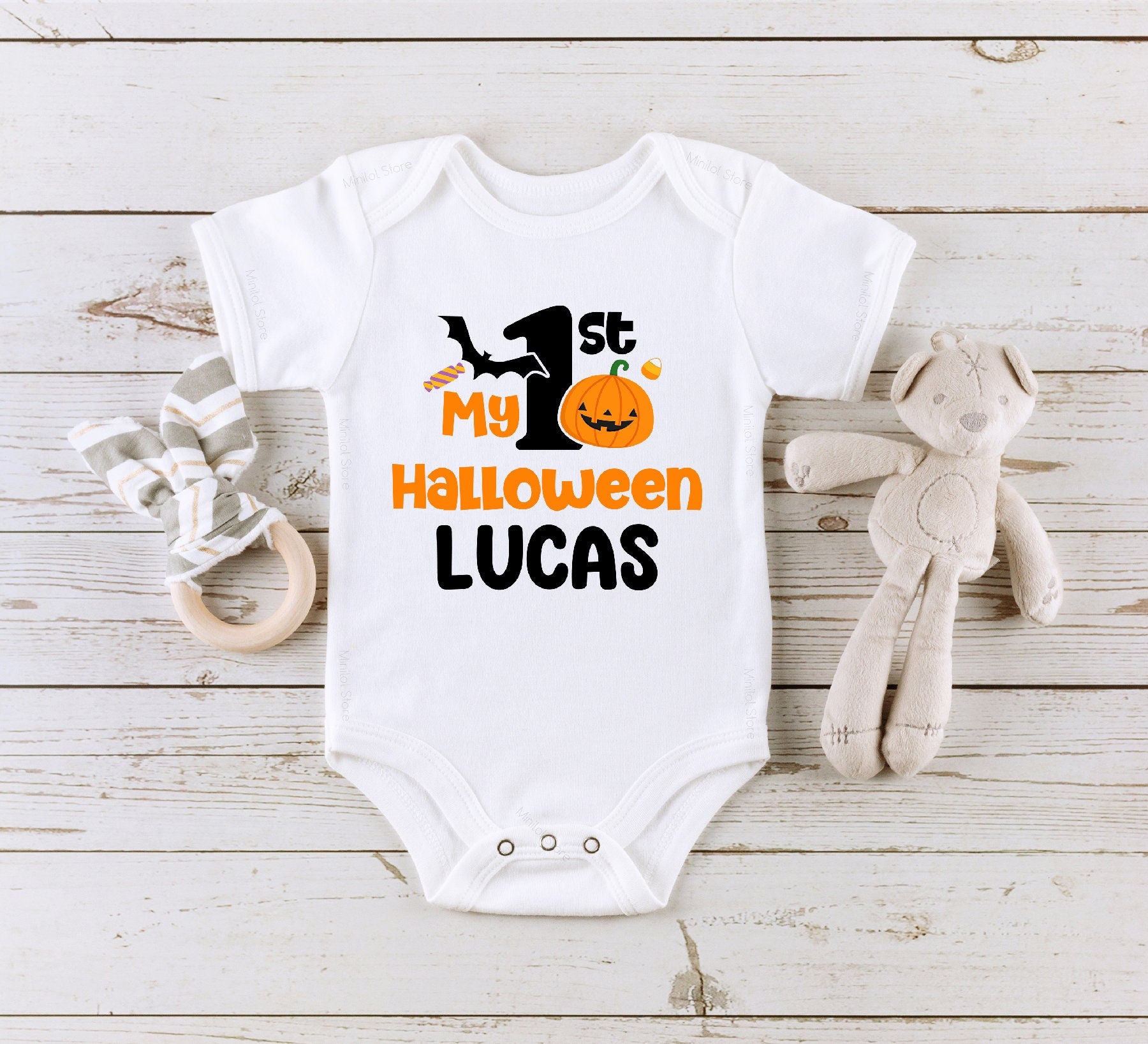 Personalized 1st Halloween Baby Onesie®, Halloween Themed Baby Onesie®, First Halloween Pumpkin Baby Boy Bodysuit, Jack O'Lantern Onesie®