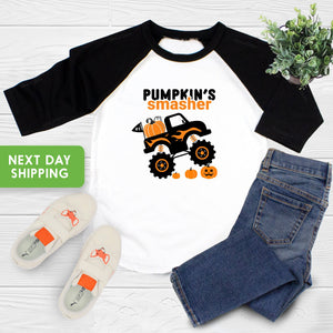 Close-up of the Pumpkin Smasher Monster Truck Halloween apparel design