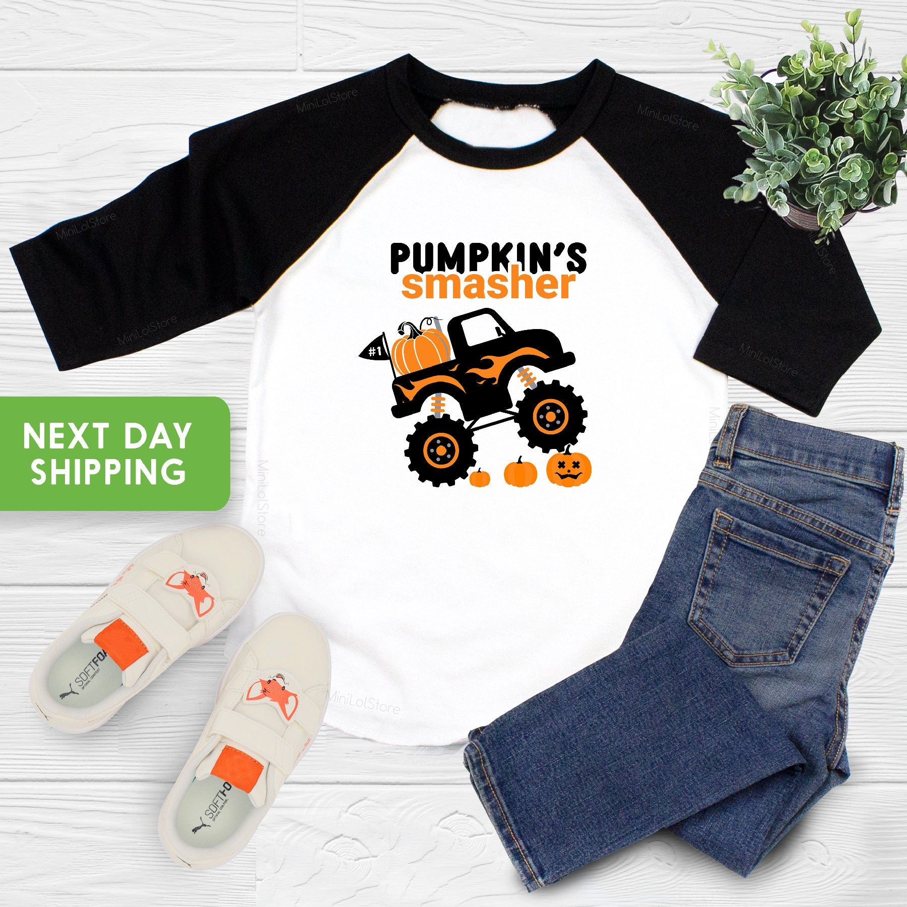 Halloween Monster Truck Toddler Shirt, Monster Truck Raglan, Funny Boys Fall Graphic Baseball Tee,Pumpkin Smasher Baby Onesie®