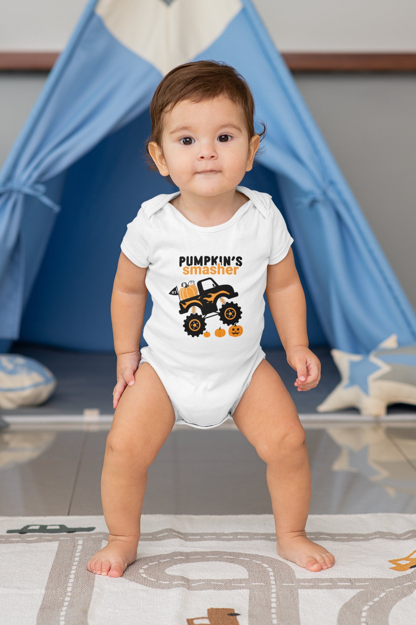 Baby bodysuit and kids shirt style options for Pumpkin Smasher Monster Truck