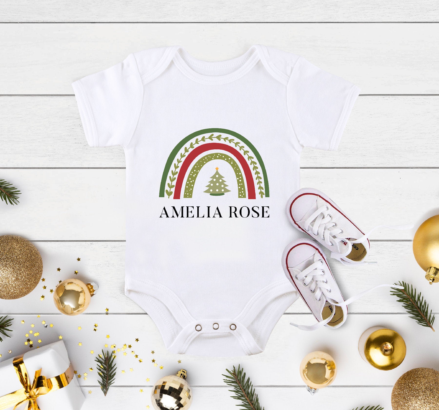 Personalized Name Christmas Baby Onesie®, Custom Name Christmas Rainbow Shirt, Custom Name Christmas Tree Shirt, Christmas Rainbow Shirt