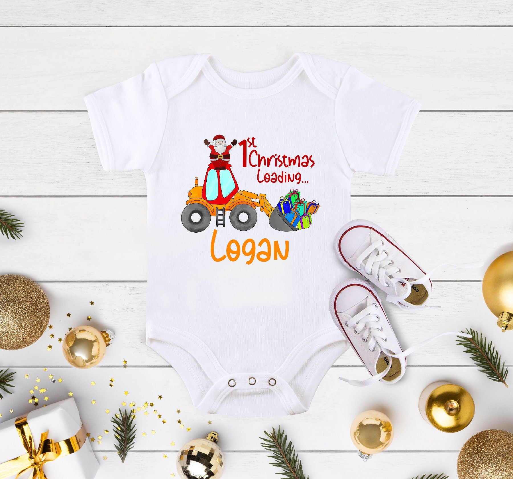 Personalized Christmas Baby Announcement, 1st Christmas Loading Onesie®, Baby Christmas Onesie®, Construction Baby Onesie®, Christmas Gift