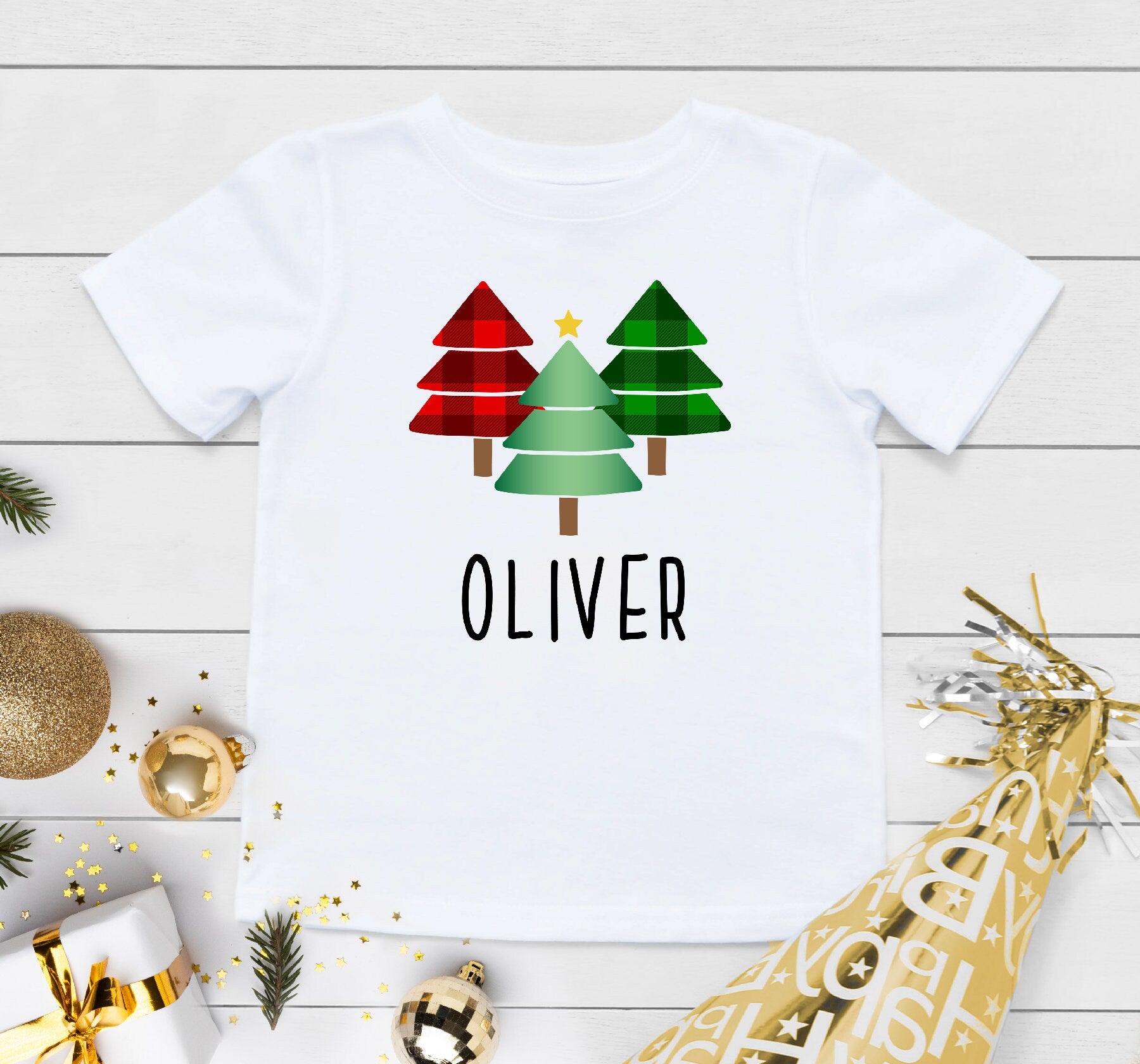 Personalized Christmas Tree Baby Onesie®, Buffalo Plaid Christmas Shirt, Custom Christmas Shirt, Christmas Tree Shirt, Sibling Christmas Tee