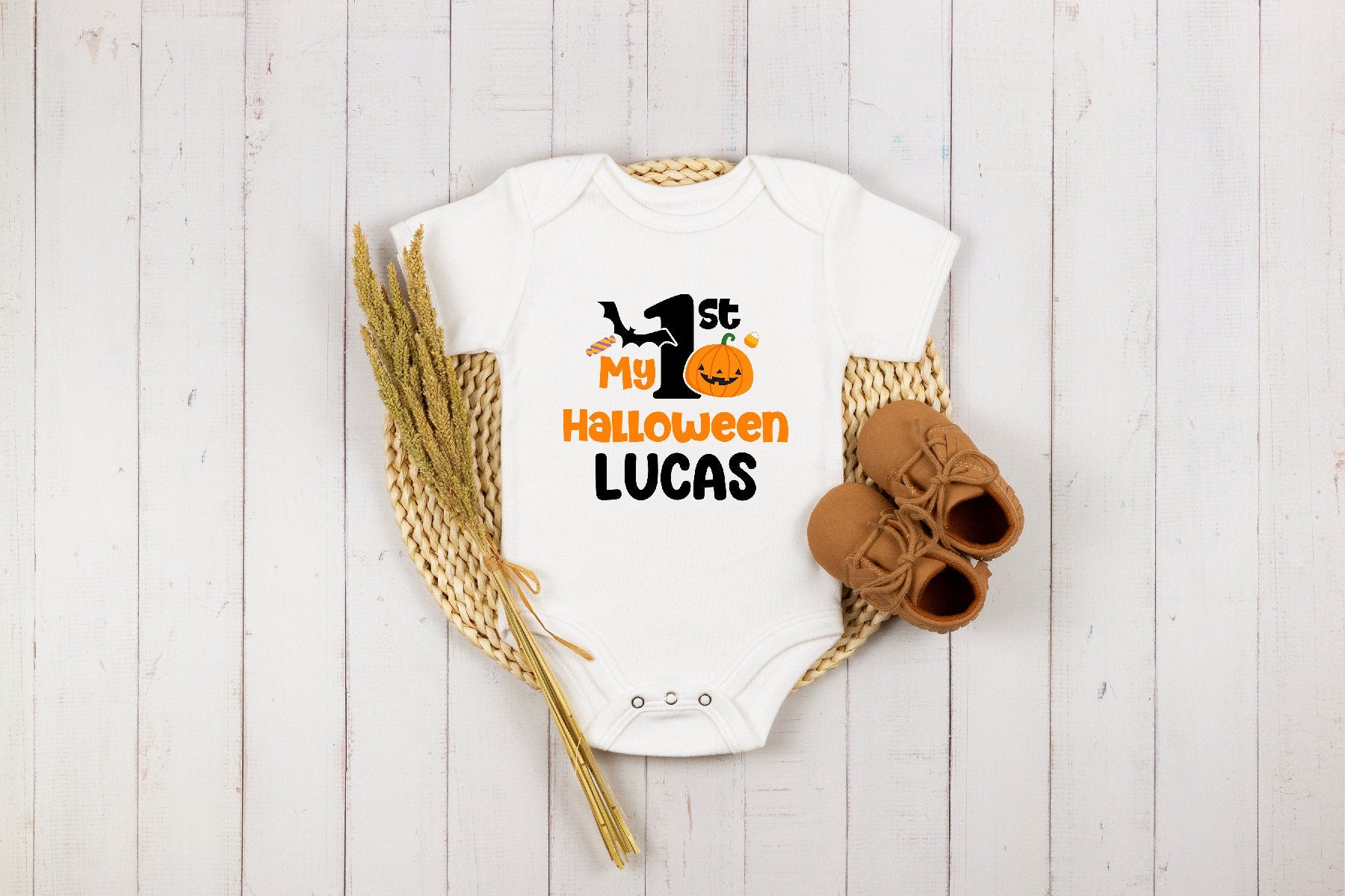 Personalized 1st Halloween Baby Onesie®, Halloween Themed Baby Onesie®, First Halloween Pumpkin Baby Boy Bodysuit, Jack O'Lantern Onesie®