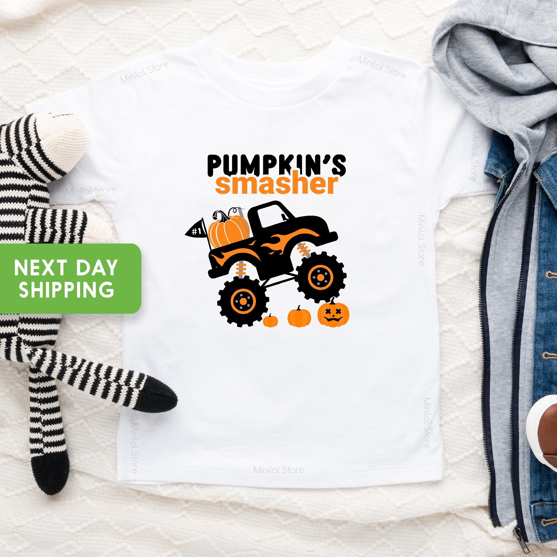 Lifestyle mockup featuring Pumpkin Smasher Monster Truck Halloween Toddler Shirt