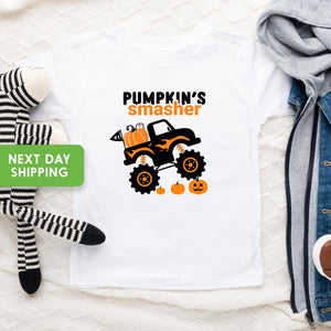 Lifestyle mockup featuring Pumpkin Smasher Monster Truck Halloween Toddler Shirt