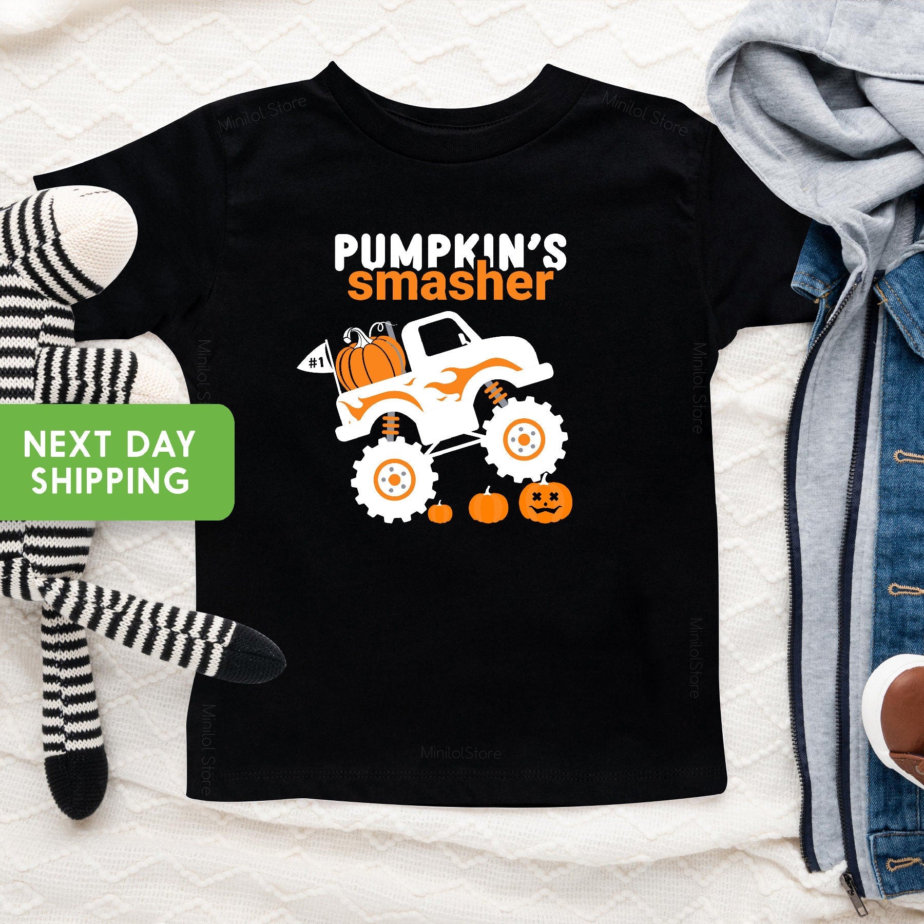 Halloween Monster Truck Toddler Shirt, Monster Truck Raglan, Funny Boys Fall Graphic Baseball Tee,Pumpkin Smasher Baby Onesie®