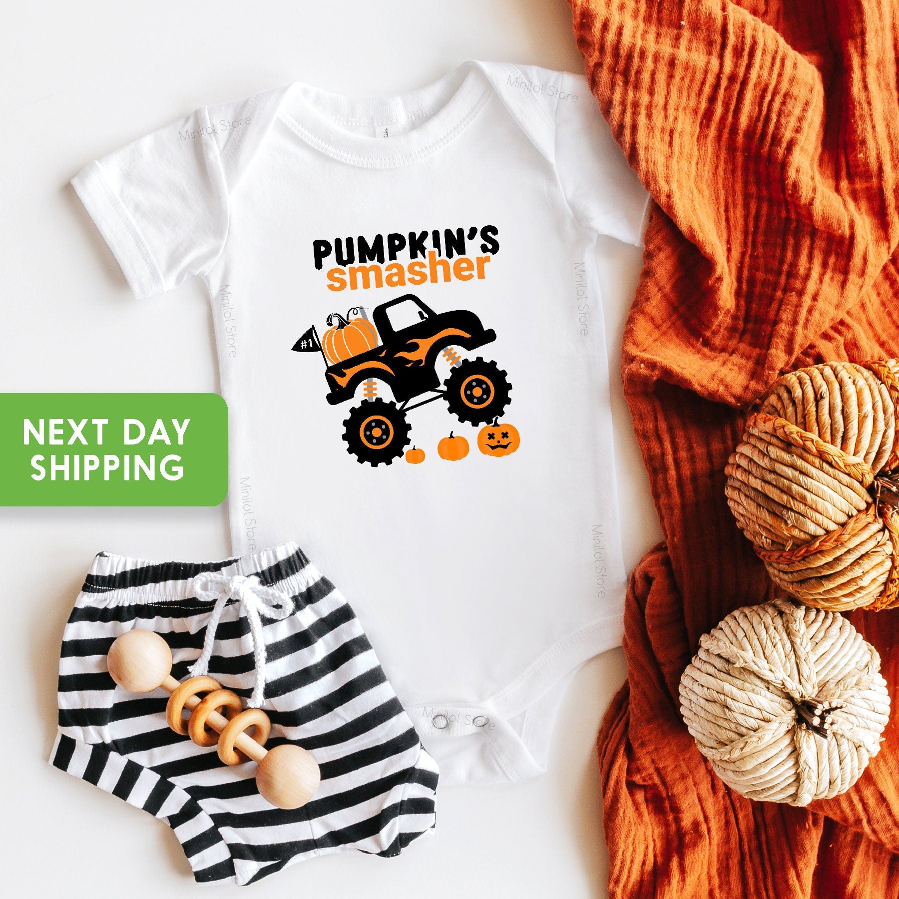 Alternate baby or kids garment view for Pumpkin Smasher Monster Truck Halloween Toddler Shirt