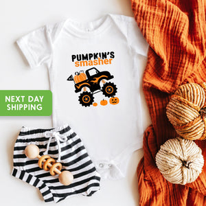 Alternate baby or kids garment view for Pumpkin Smasher Monster Truck Halloween Toddler Shirt