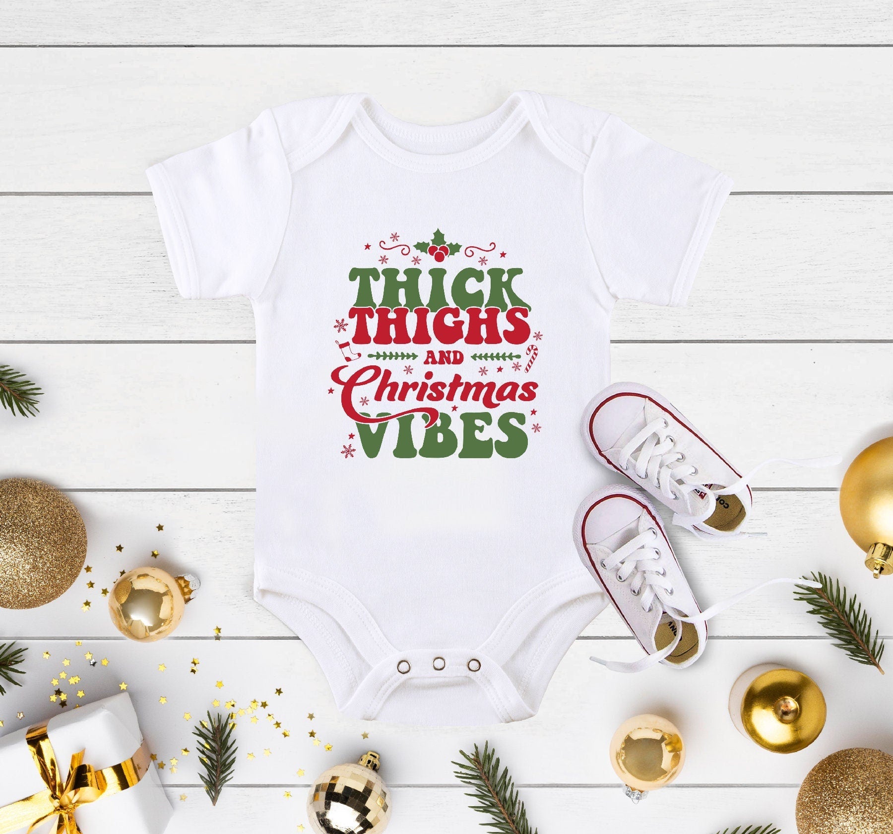 Thick Thighs Christmas Vibes Onesie®, Funny Christmas Bodysuit, Cute Holiday Baby Onesie®, Christmas Baby Gift, Christmas Onesie®