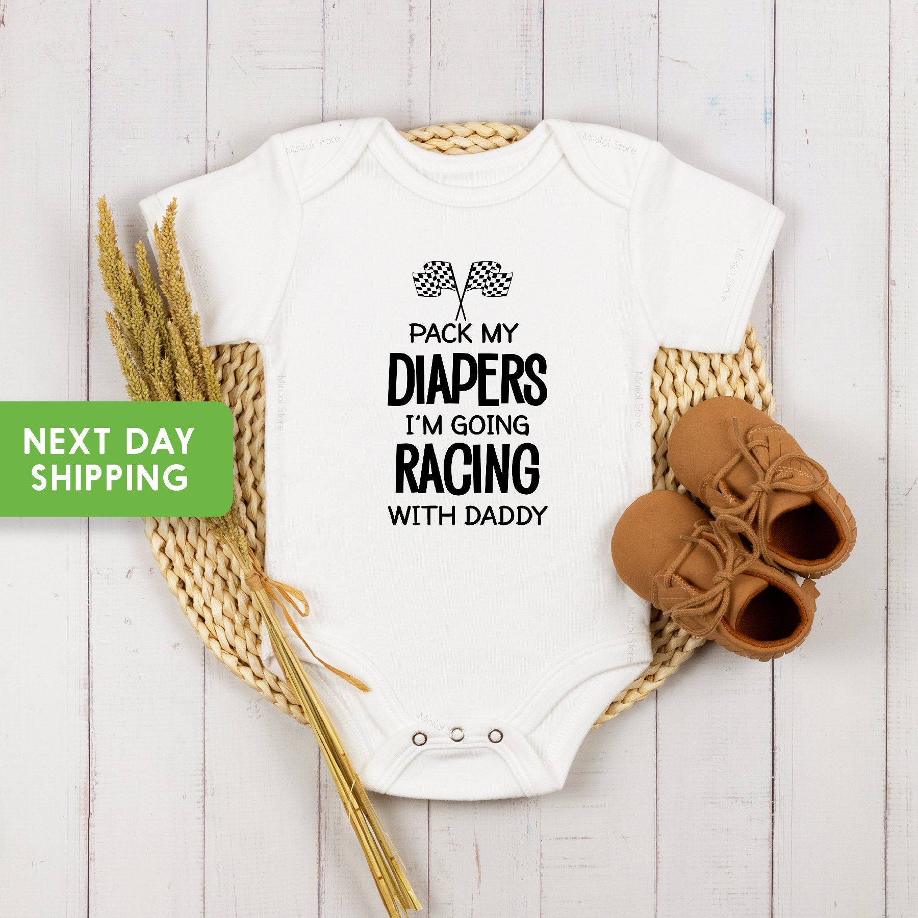 Pack My Diapers I'm Going Racing With Daddy Baby Bodysuit, Pit Crew Race Car Infant Creeper,  Babygrow Clothing, Baby Shower Gift