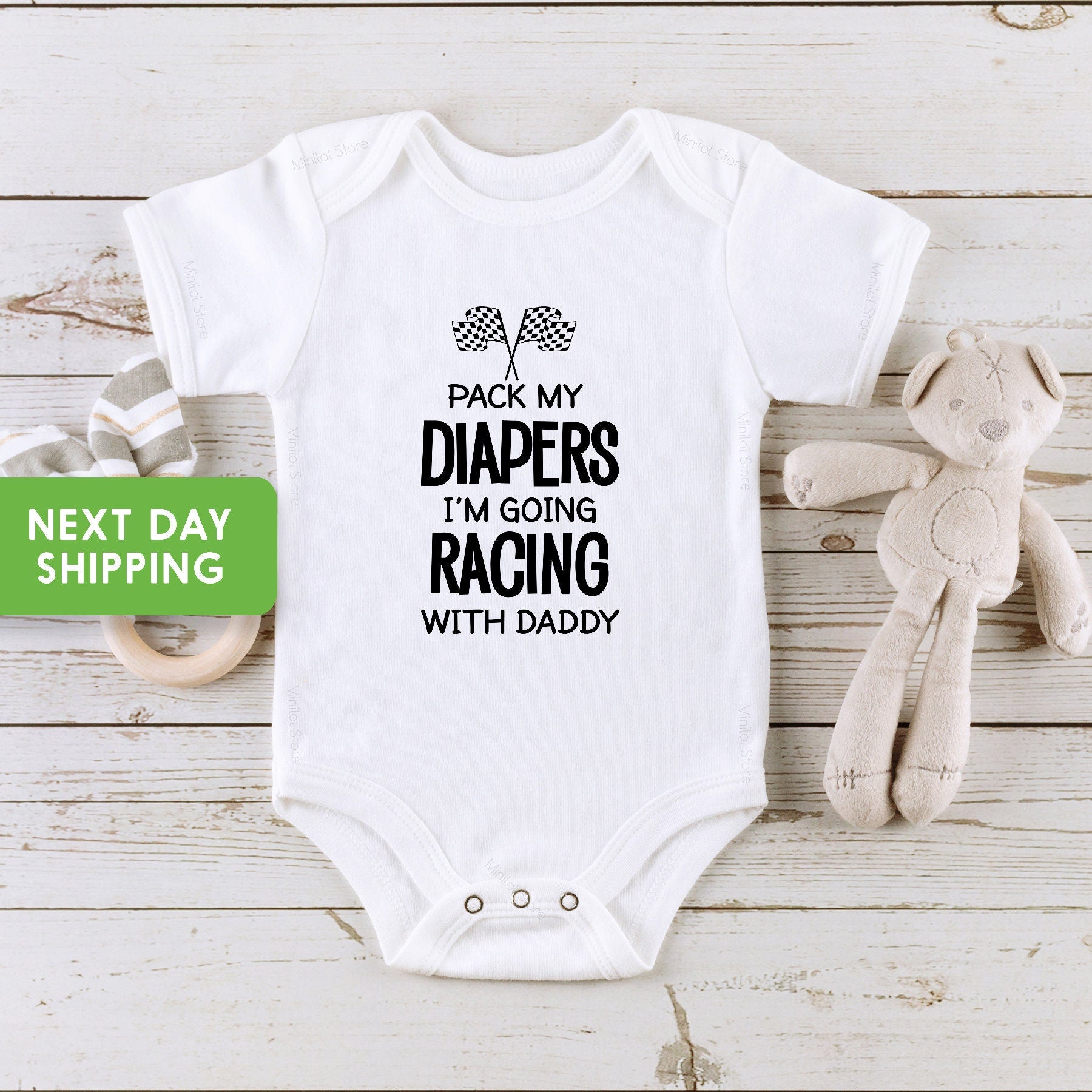 Pack My Diapers I'm Going Racing With Daddy Baby Bodysuit, Pit Crew Race Car Infant Creeper,  Babygrow Clothing, Baby Shower Gift