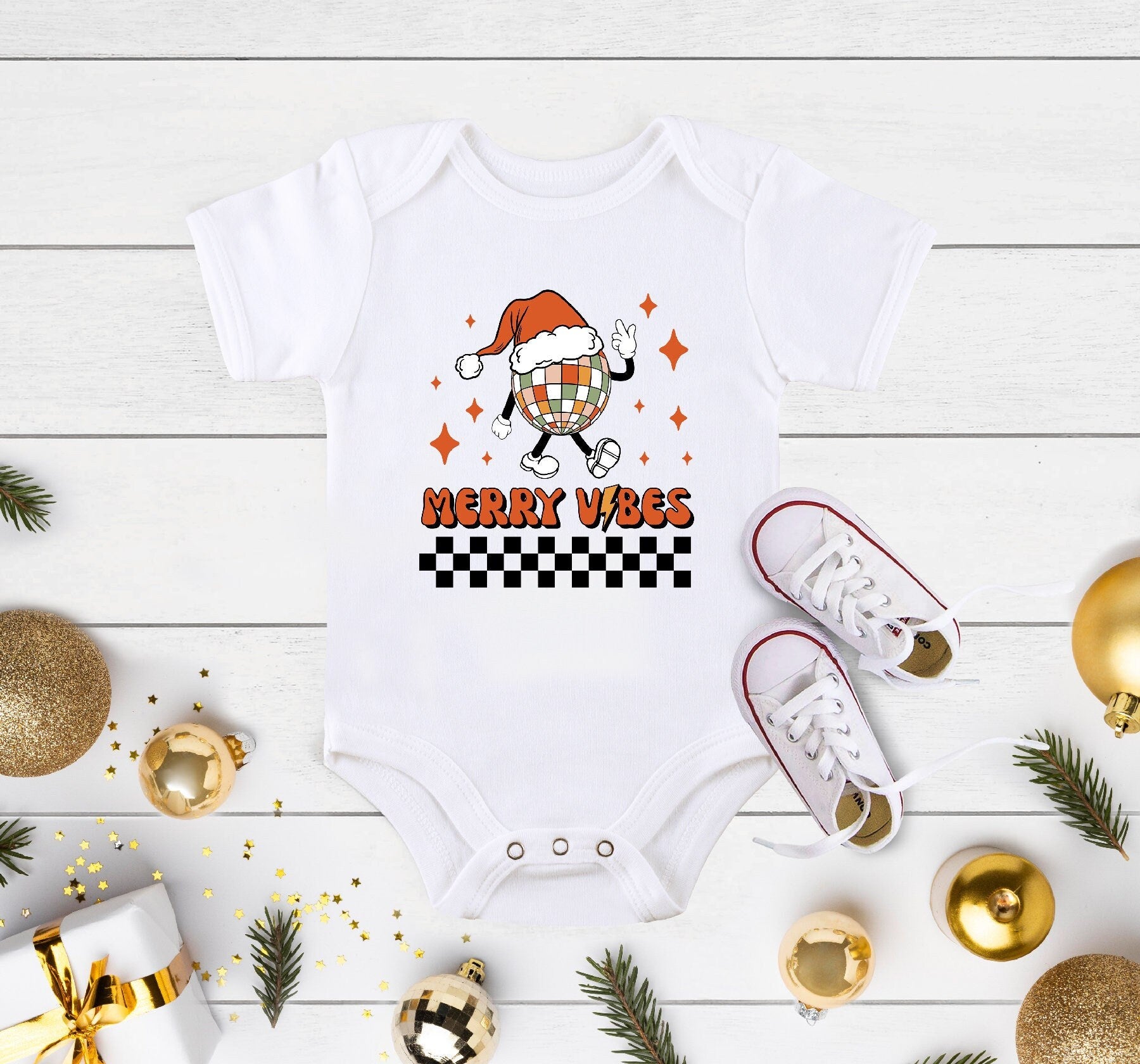 Merry Vibes Onesie®, Retro Christmas Kids Shirt, Holiday Toddler Tee, Santa Holiday Shirt, Christmas Mistletoe Baby Boy Girl Onesie®