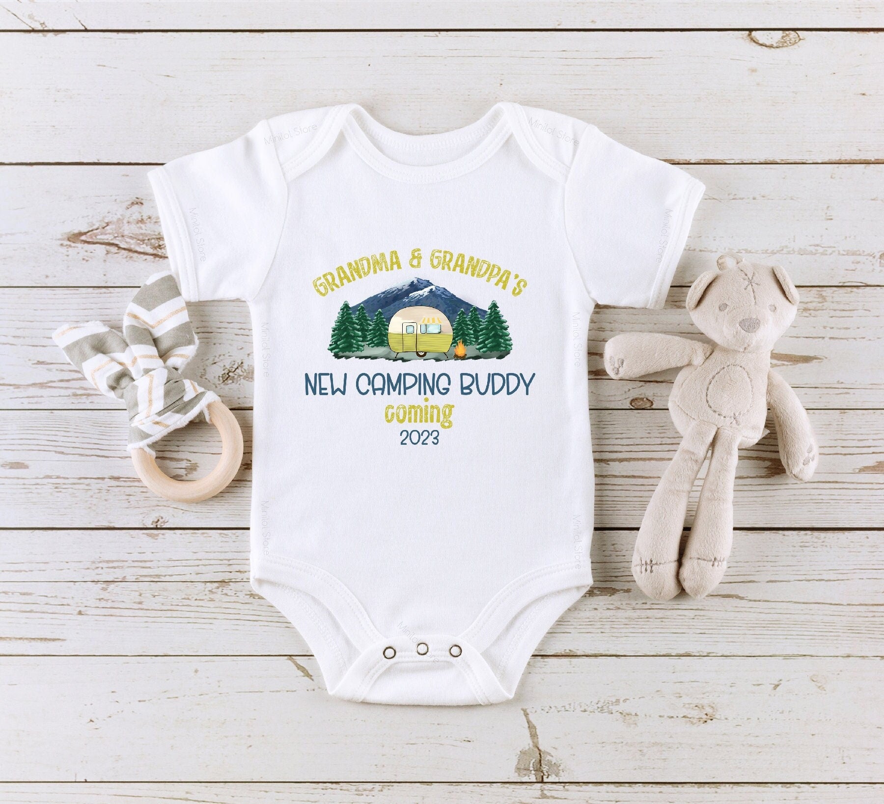 Personalized Pregnancy Announcement Grandparent or Uncle and Aunt Onesie®®, Baby Reveal Grandma and Grandpa, Camping Buddy Baby Announcement