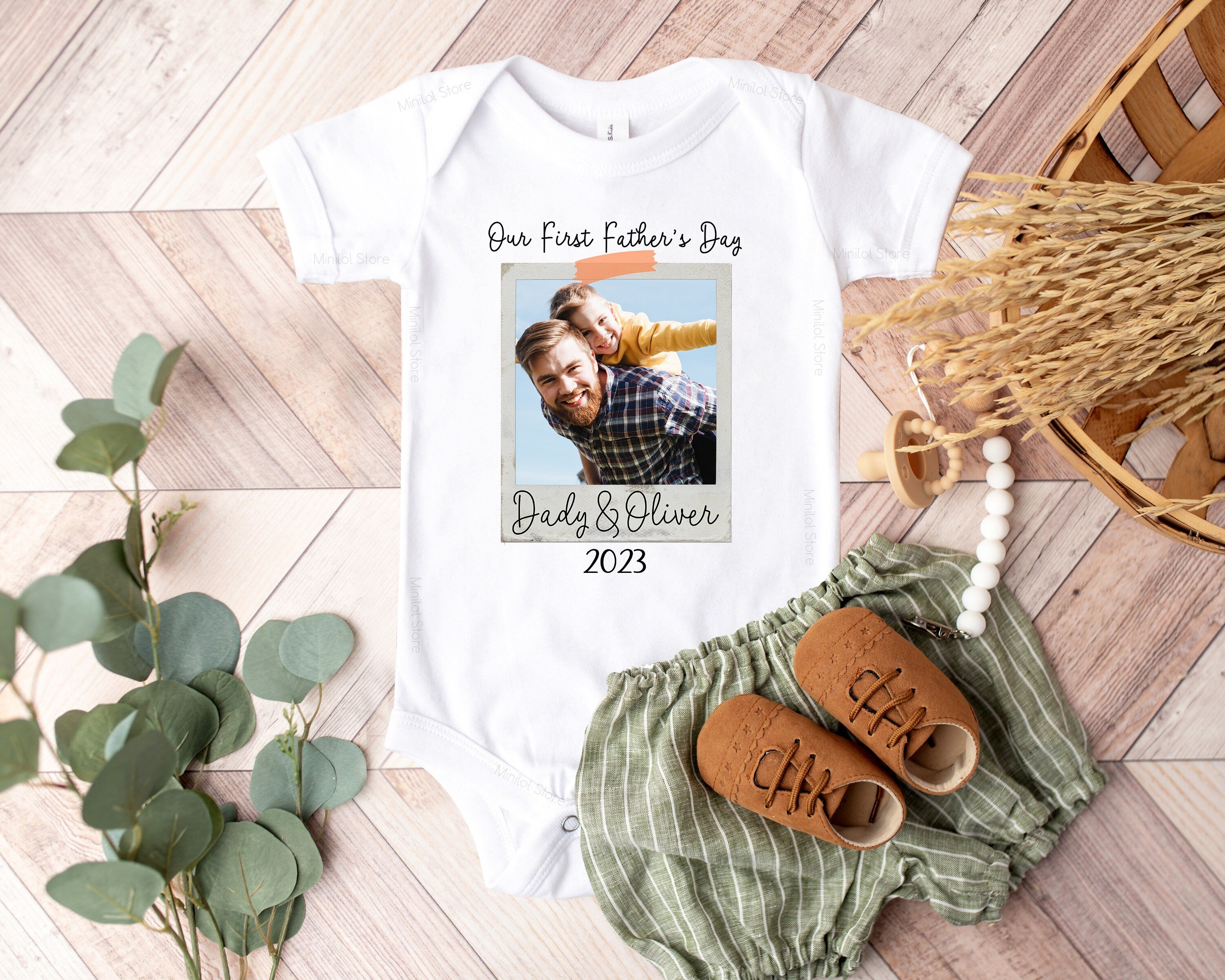 Our First Father's Day, Custom Photo, Personalized Name and Year Bodysuit, Personalized Baby Gift, Personalized Gift, Father's Day Gift