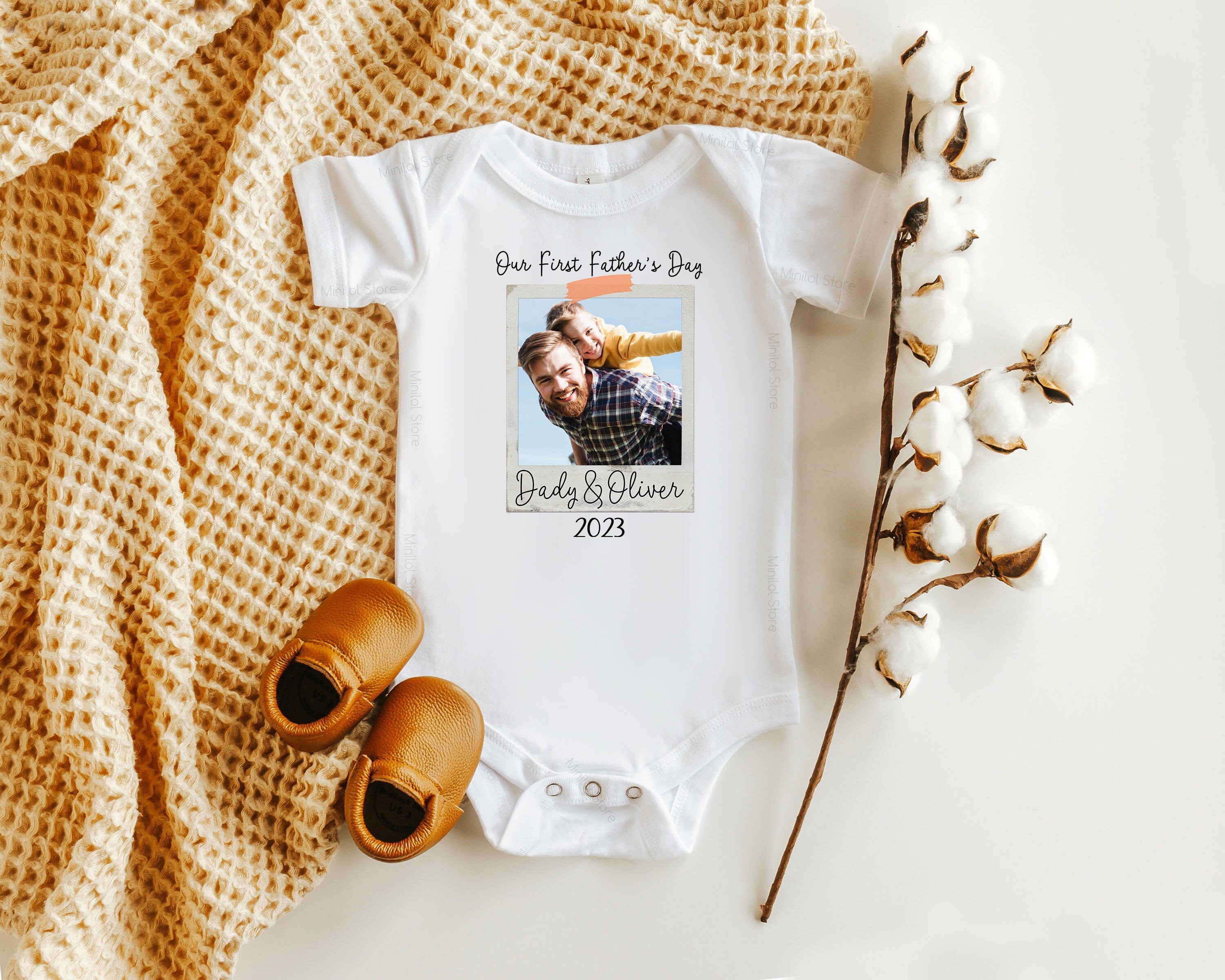 Our First Father's Day, Custom Photo, Personalized Name and Year Bodysuit, Personalized Baby Gift, Personalized Gift, Father's Day Gift