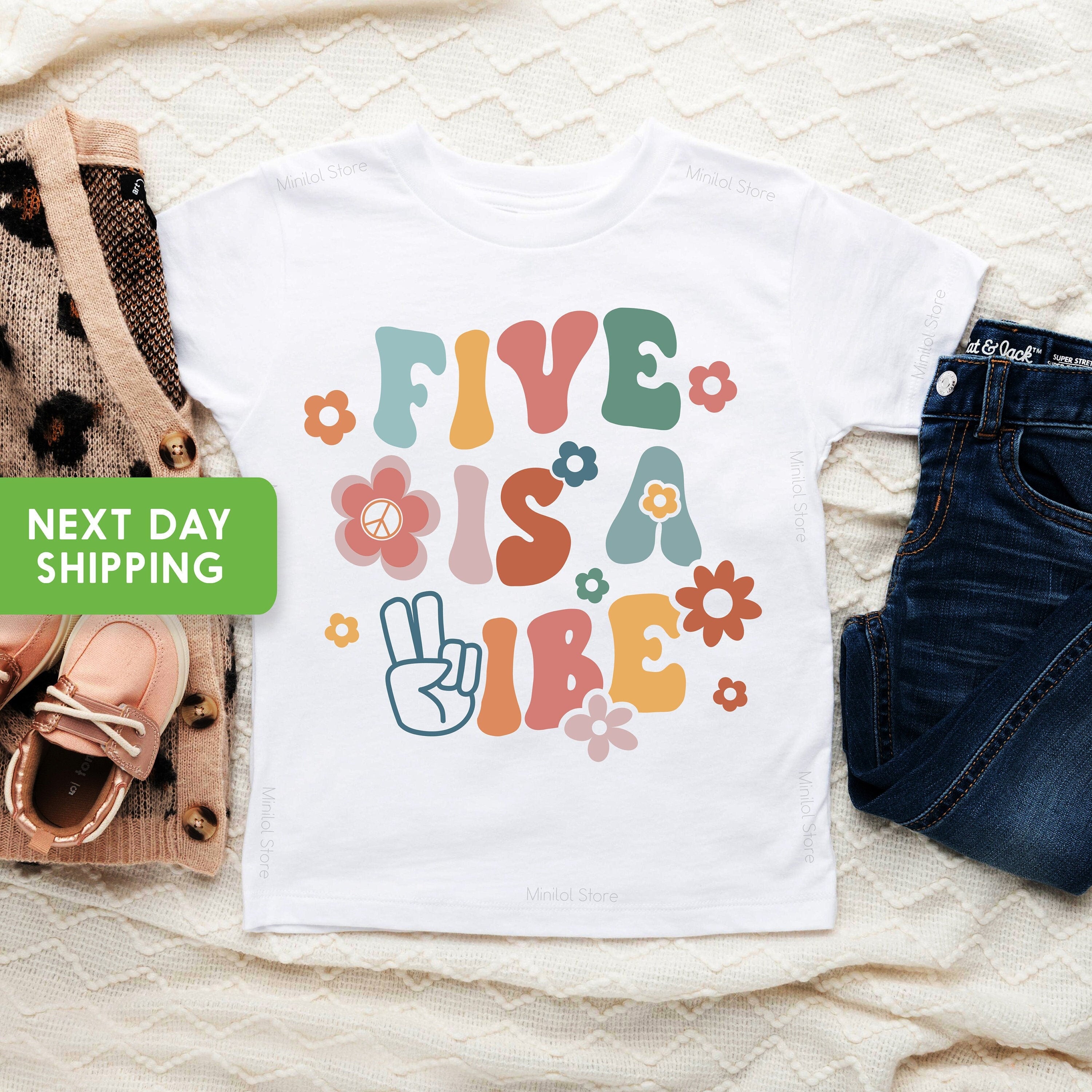 5th Birthday Toddler Shirt, Five is a Vibe 5th Birthday Shirt, Fifth Birthday Natural Toddler & Youth Tee