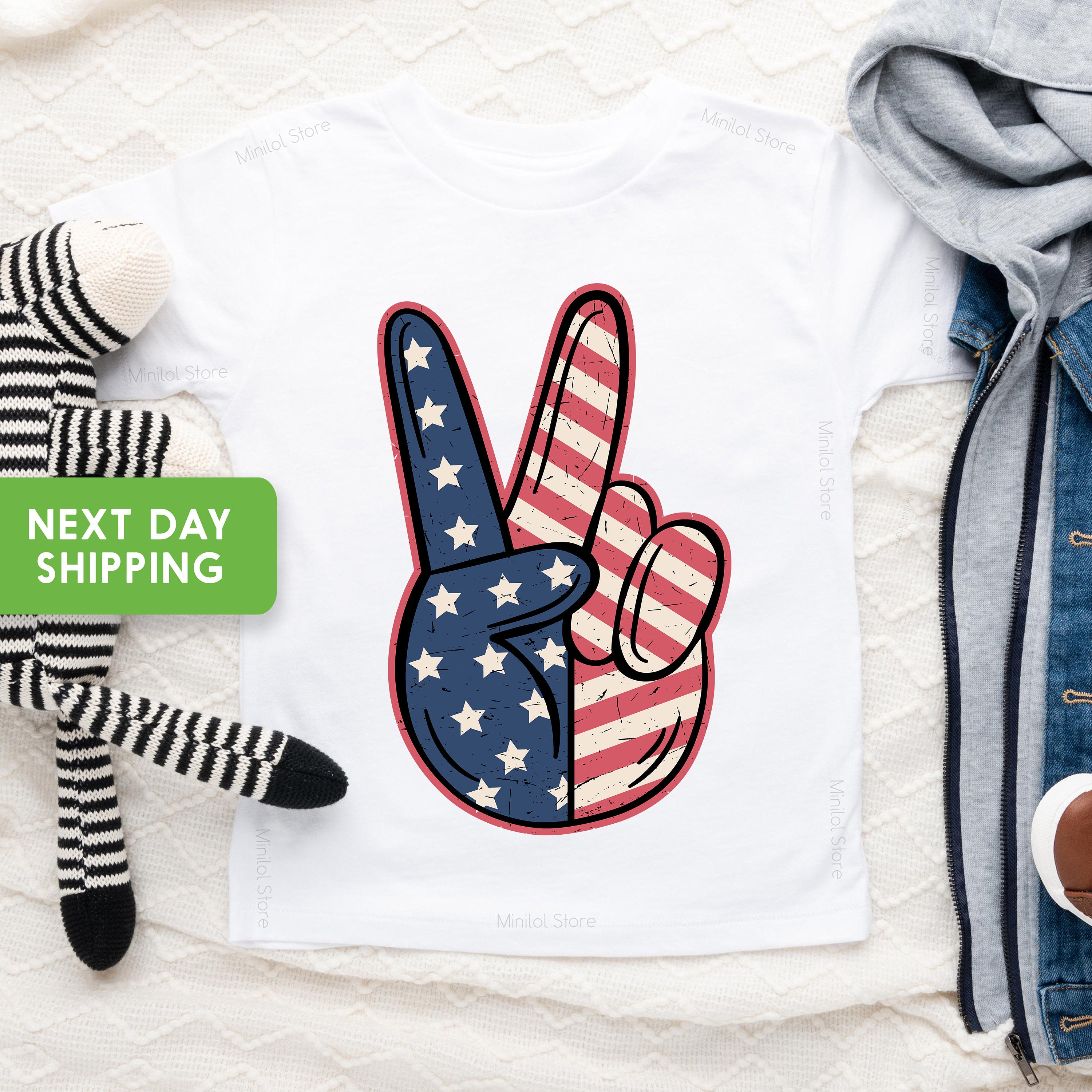 Toddler T-shirt, Peace Fingers 4th of July Memorial Day Kids TShirt, Retro Natural Infant, Toddler & Youth Tee