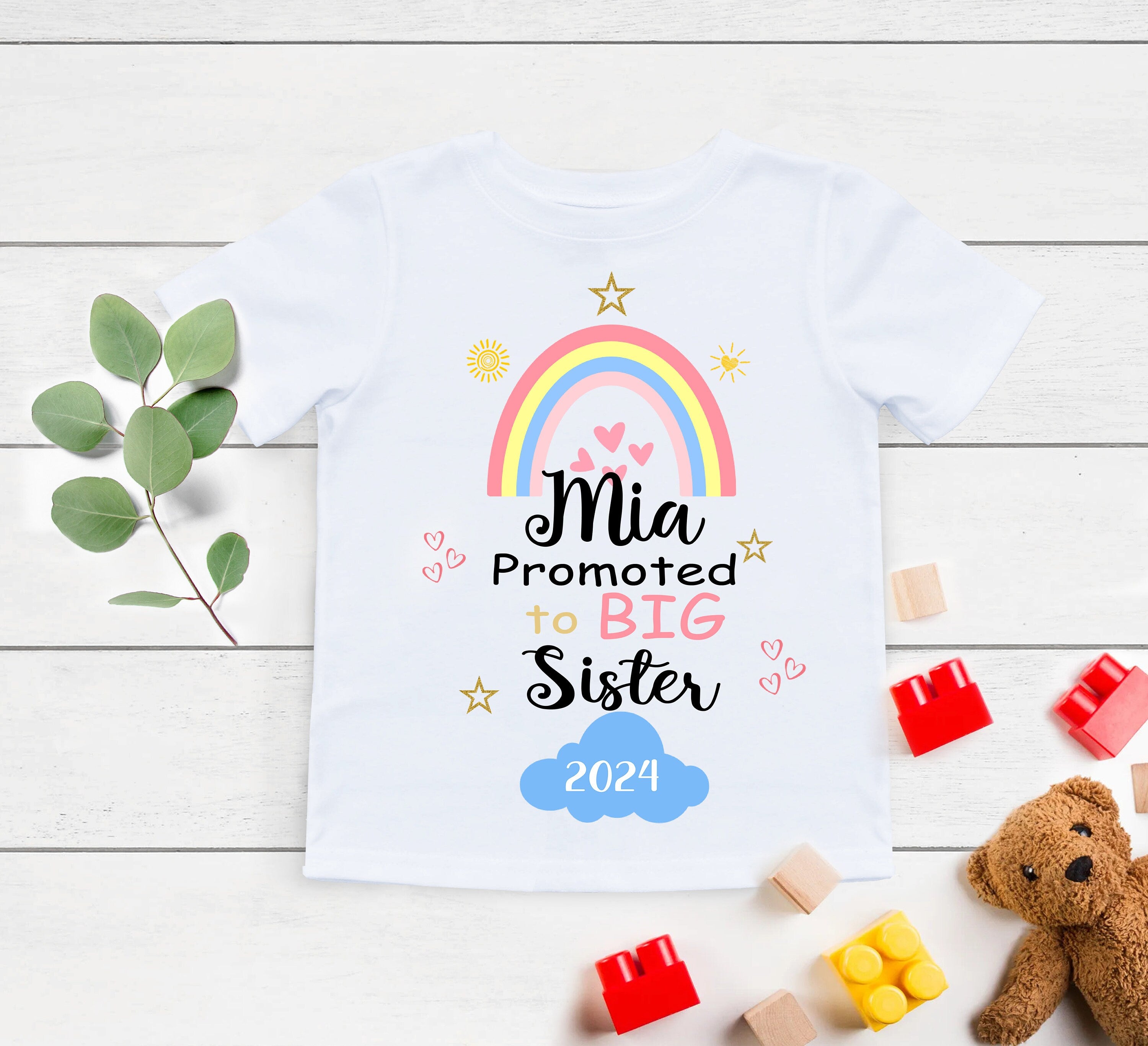 Promoted to Big Sister Custom Sibling Announcement Shirt, Personalized Name Custom Year Girls Kids Announcement Shirt Boho Rainbow