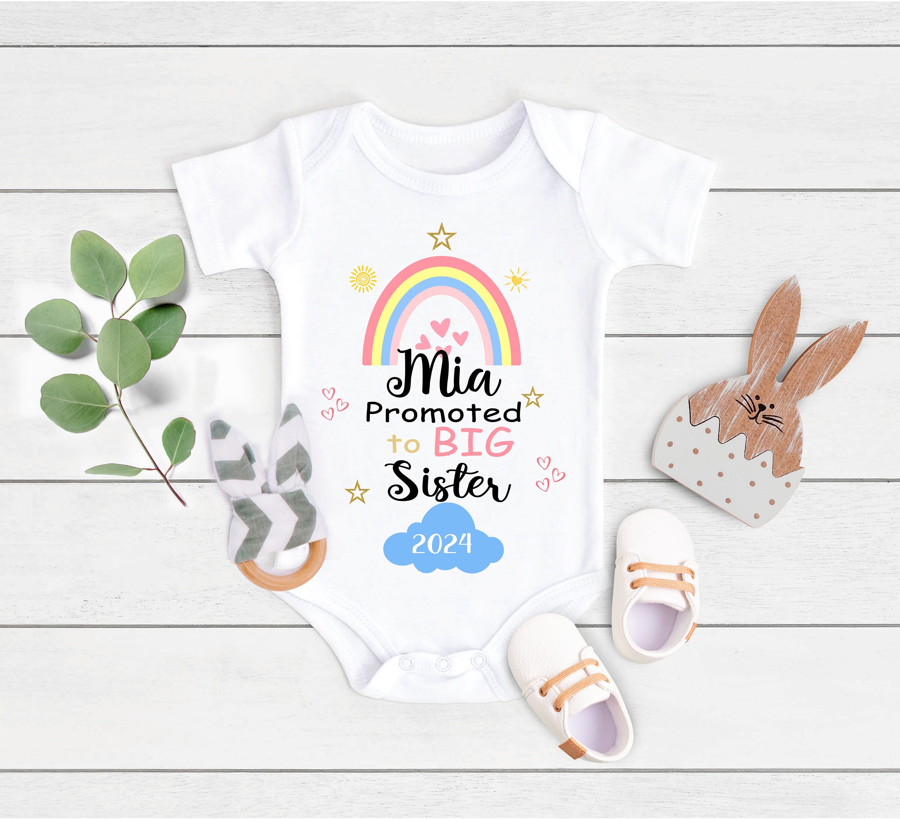 Promoted to Big Sister Custom Sibling Announcement Shirt, Personalized Name Custom Year Girls Kids Announcement Shirt Boho Rainbow