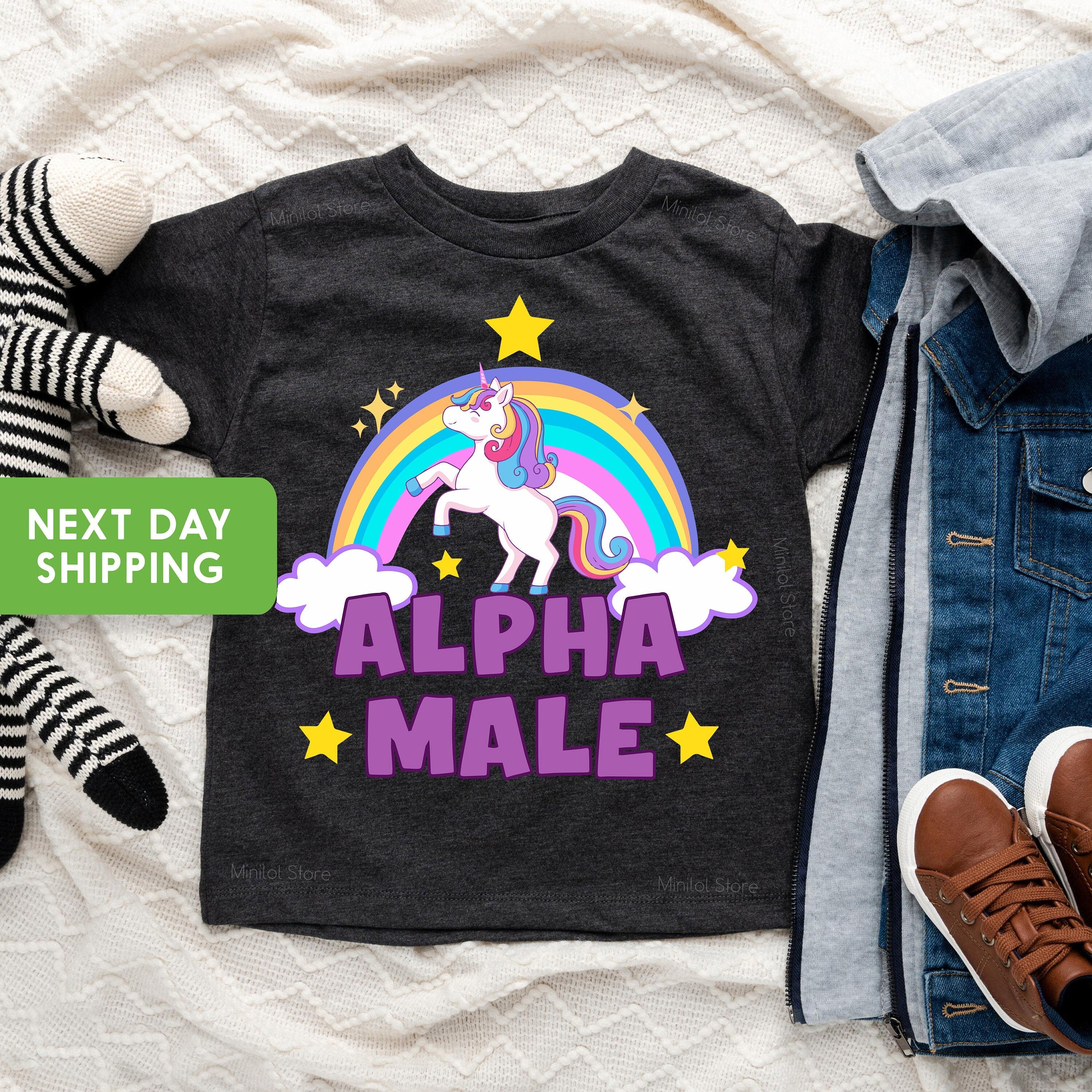 Alpha Male Unicorn Rainbow Kids Shirt, Gender Neutral Funny Unicorn Shirt for Youth Toddler Baby, Girls Boys Kids Unicorn Shirt